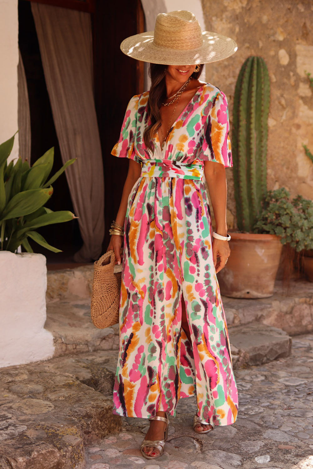 Pink Boho Tie Dye Print V Neck Side Split Maxi Dress