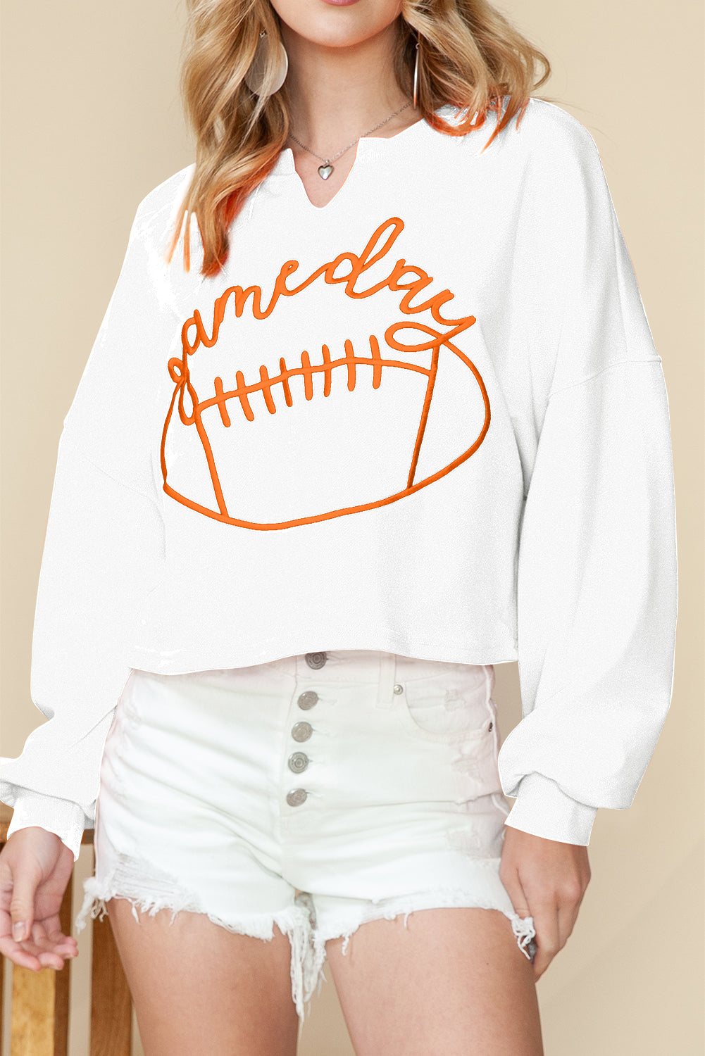 Bright White Game Day Lettering Rugby Notched Neck Cropped Sweatshirt