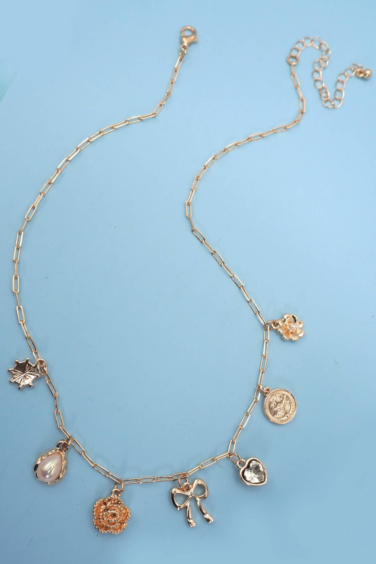 BOW HEART FLOWER CHARM LINK CHAIN NECKLACE