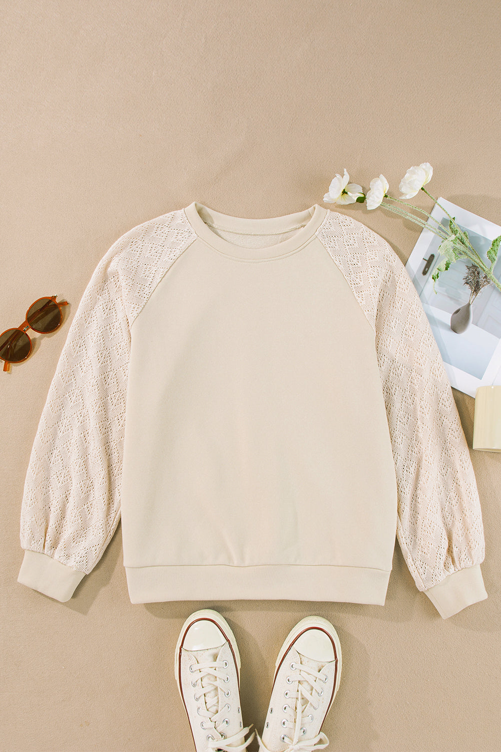 Parchment Eyelet Knit Patchwork Raglan Sleeve Sweatshirt