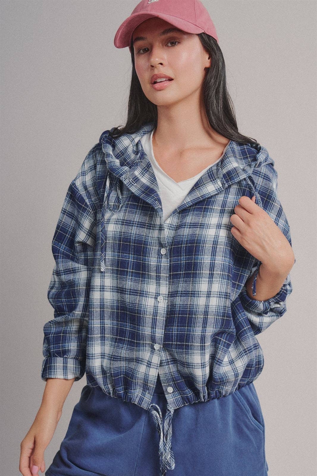 Plaid Flannel Hooded Shacket with Drawstring Hem