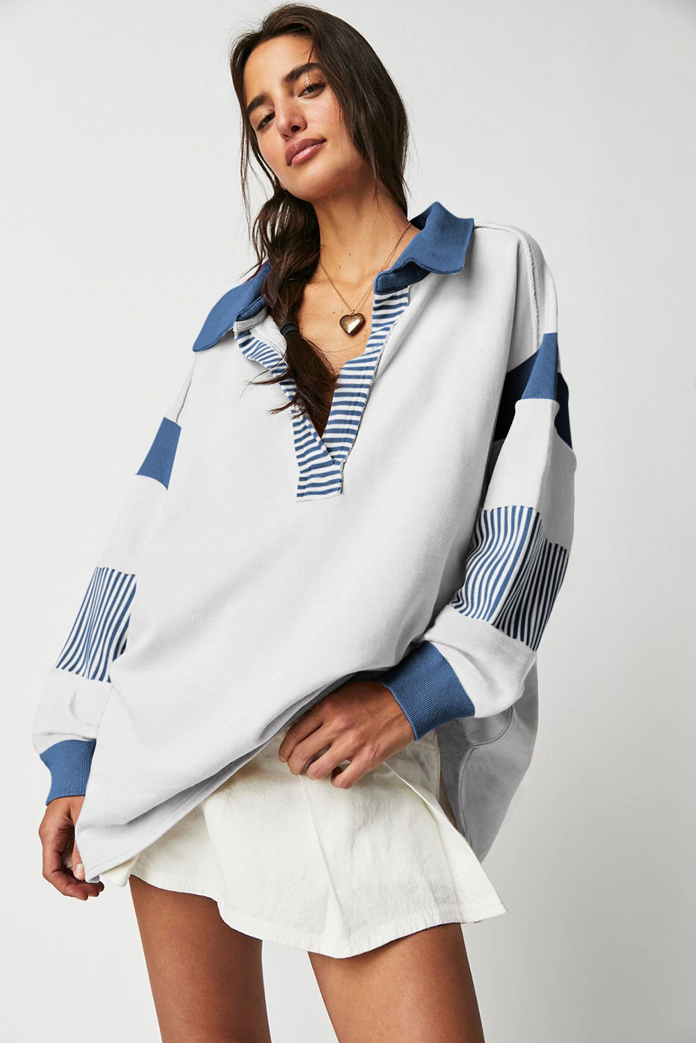 Sail Blue Striped Patchwork Collar Sweatshirt