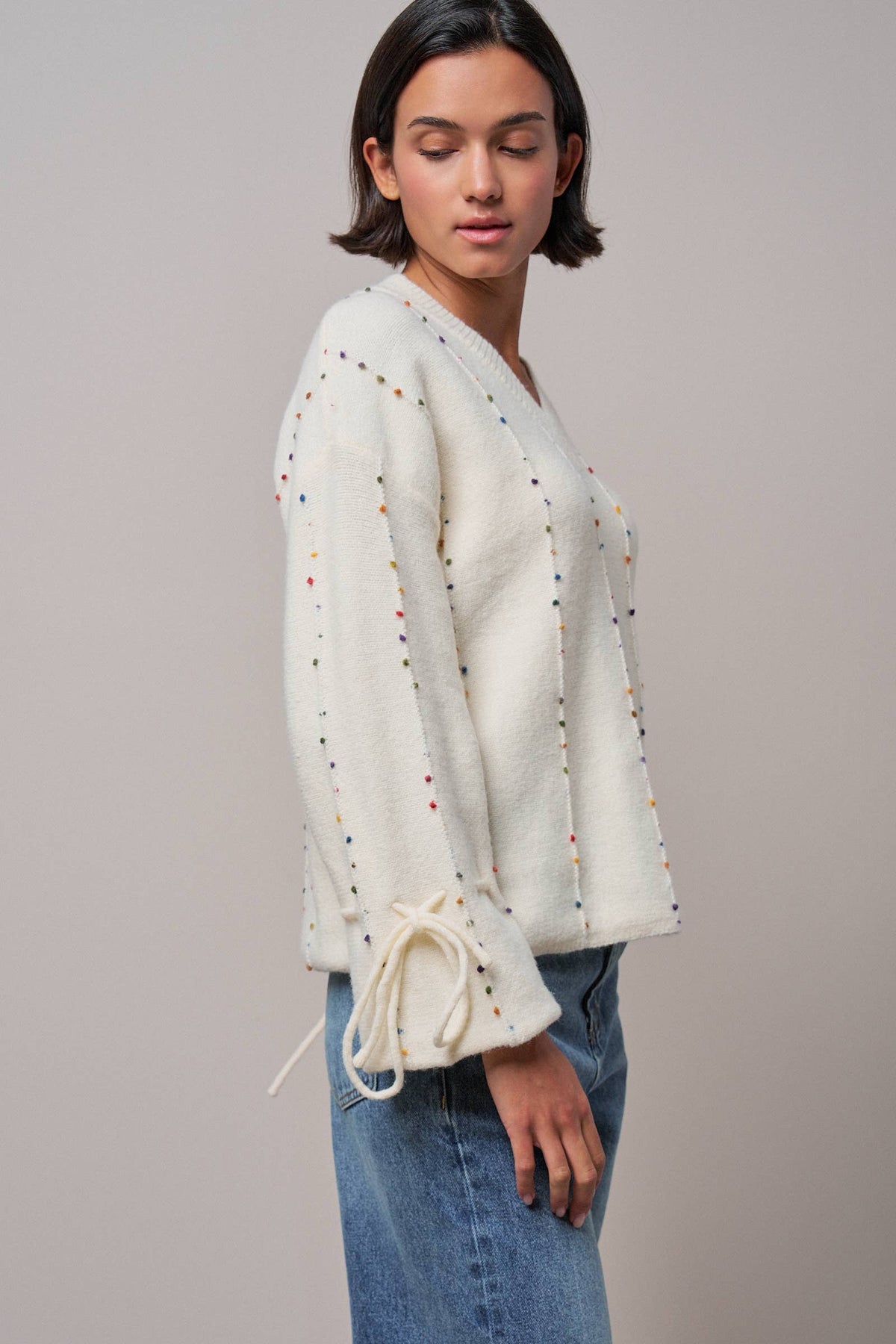 Multicolor Dot Stitch V-Neck Tie Sleeve Sweater