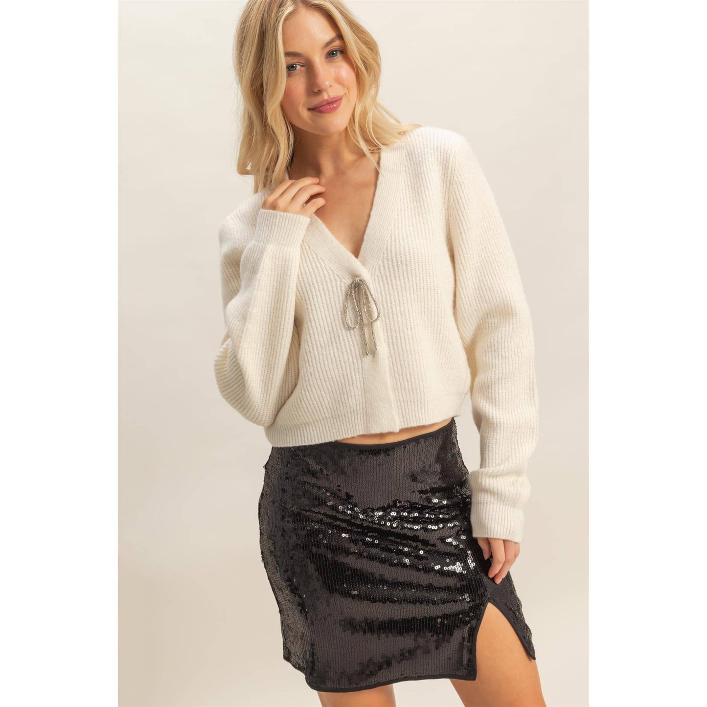 Sparkly Bow Embellished Cozy Cardigan