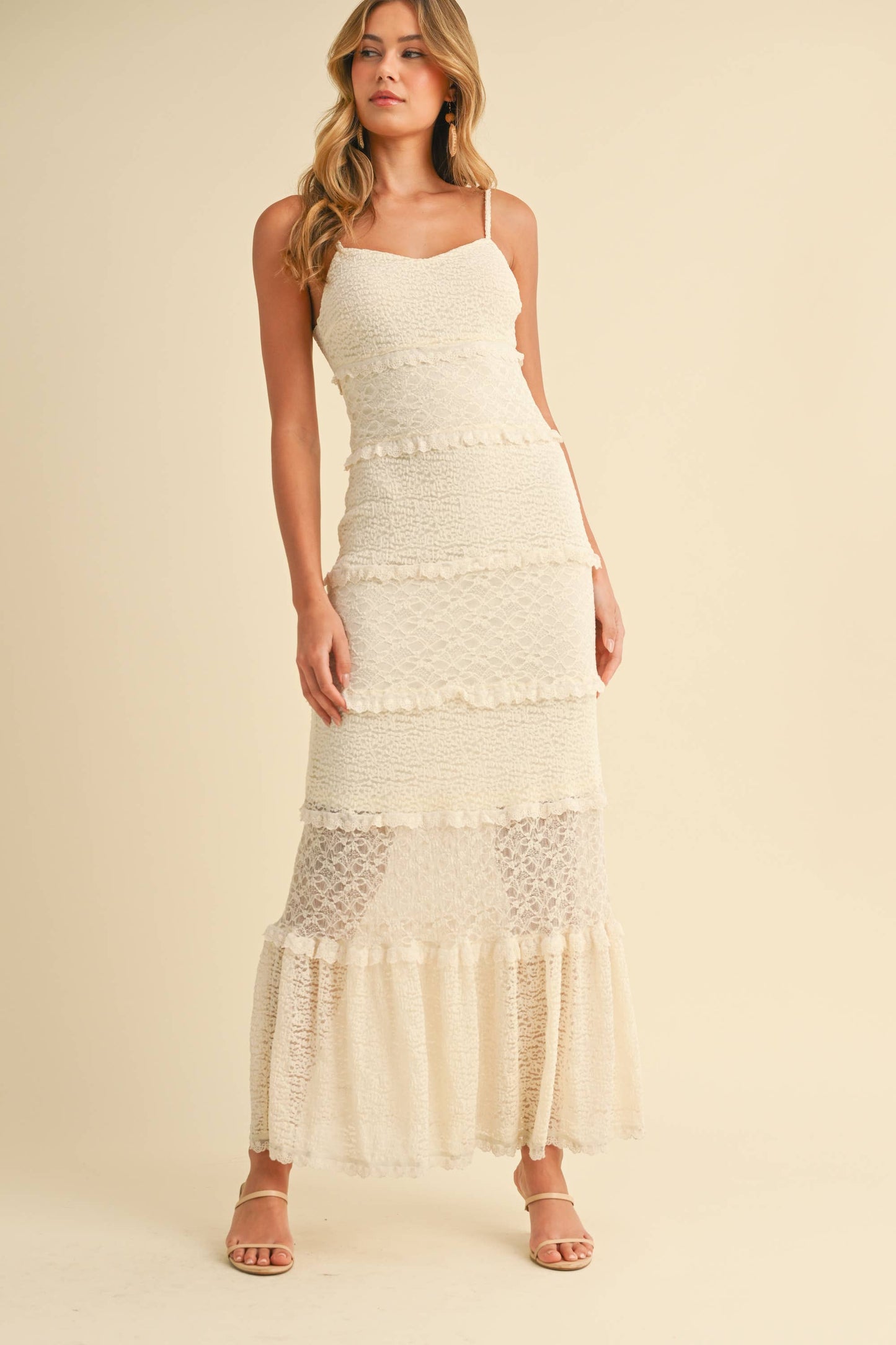 ID8566  TIERED RUFFLED LACE MAXI DRESS WITH PARTIAL LINING