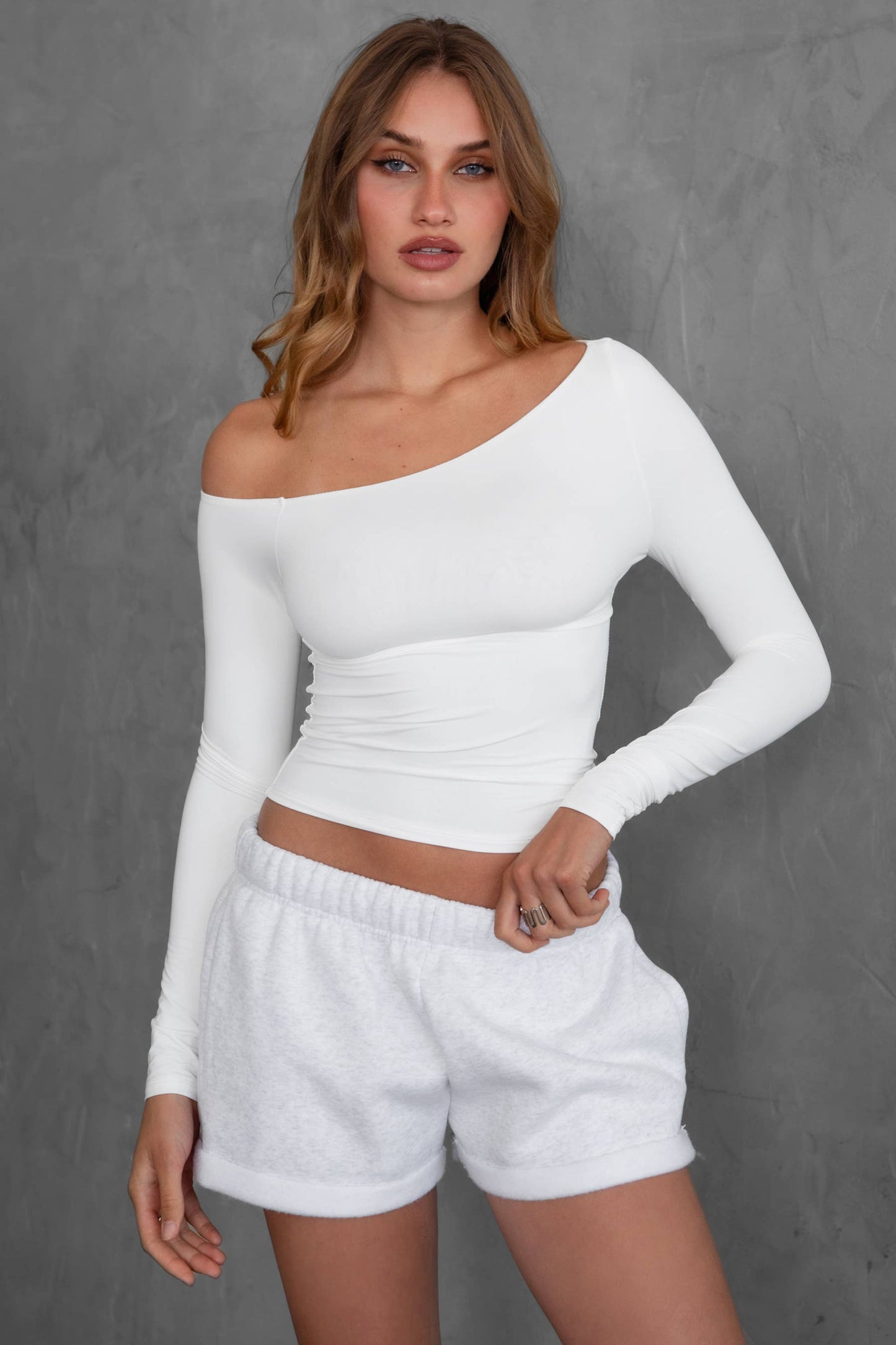 AUDREE One-Shoulder Assymetrical Neckline Long-Sleeve Top