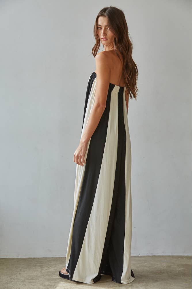 Knit Viscose Spandex Striped Tube Wide Leg Jumpsuit