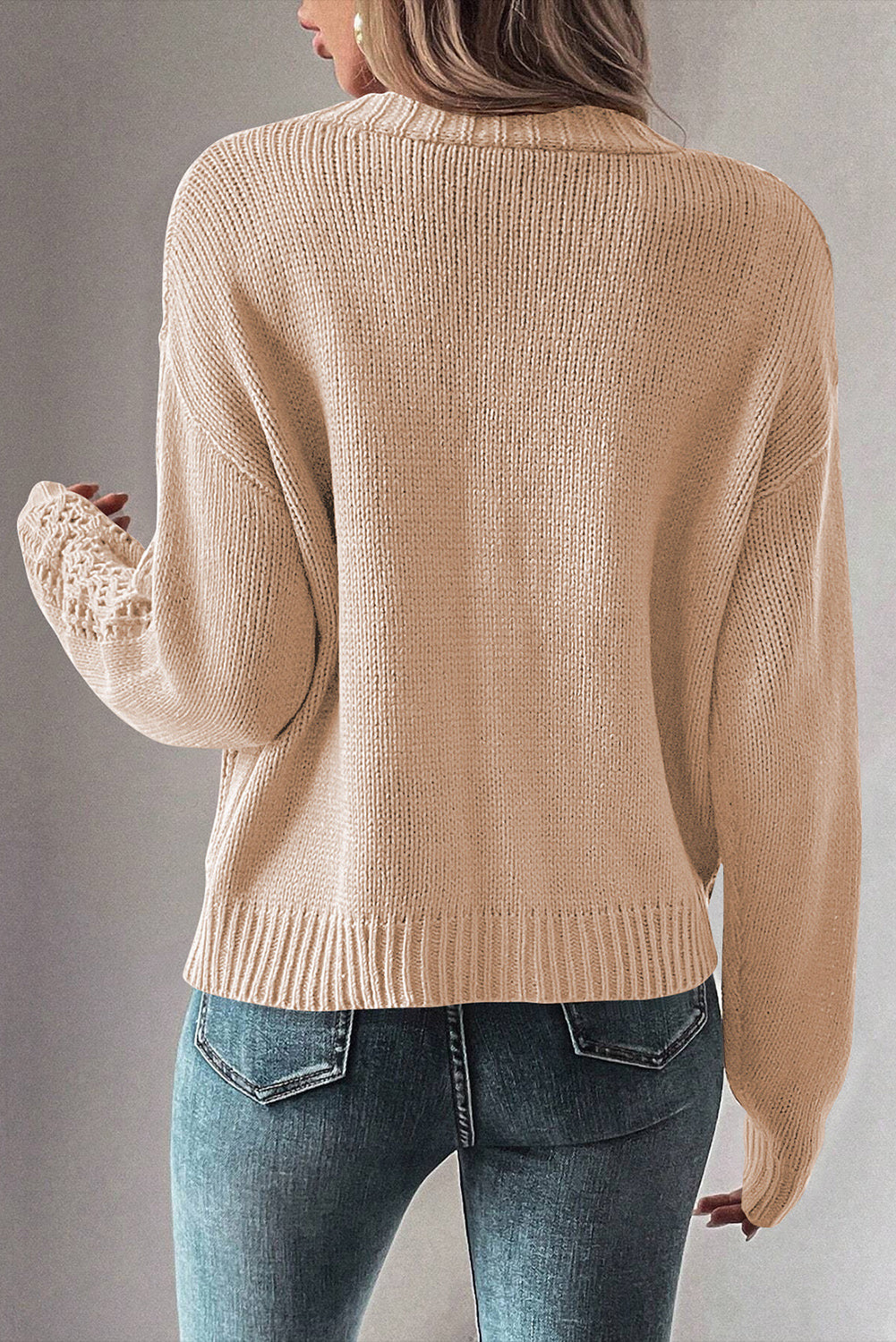 Beige Hollow Knit Drop Shoulder Cardigan