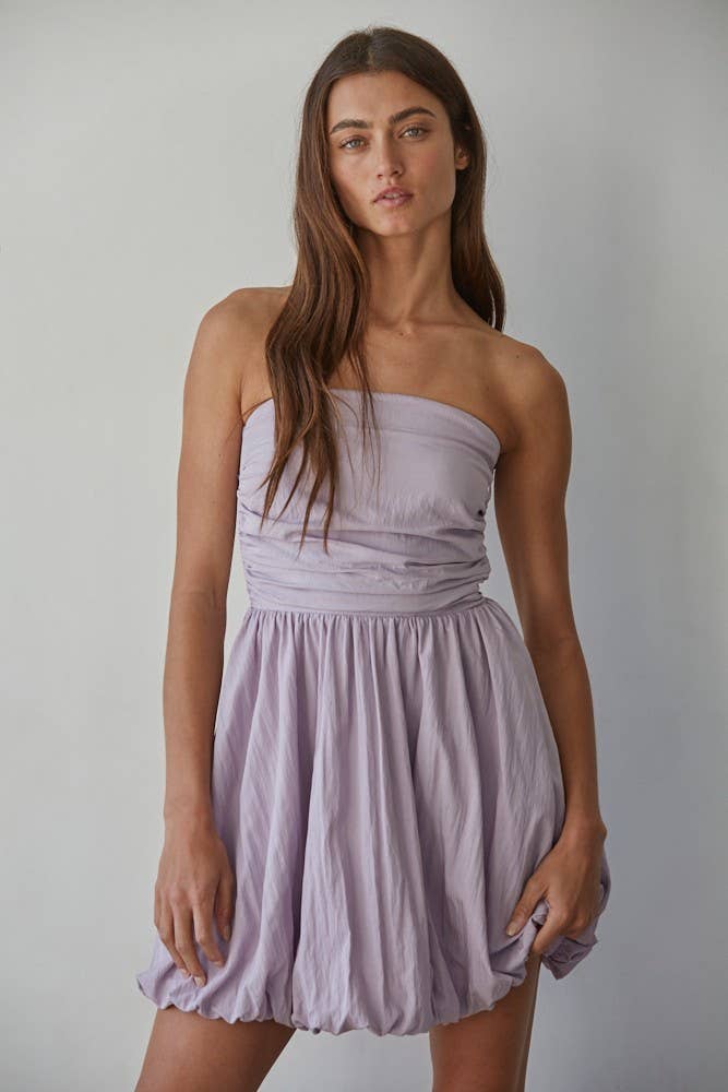 Woven Cotton Nylon Strapless Bubble Mini Dress