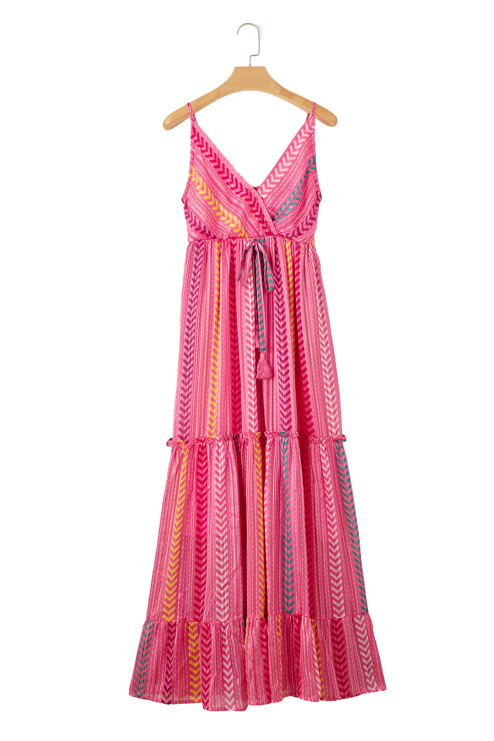 Wholesale Pink Boho Tassel Tie V Neck Wrapped Maxi Dress