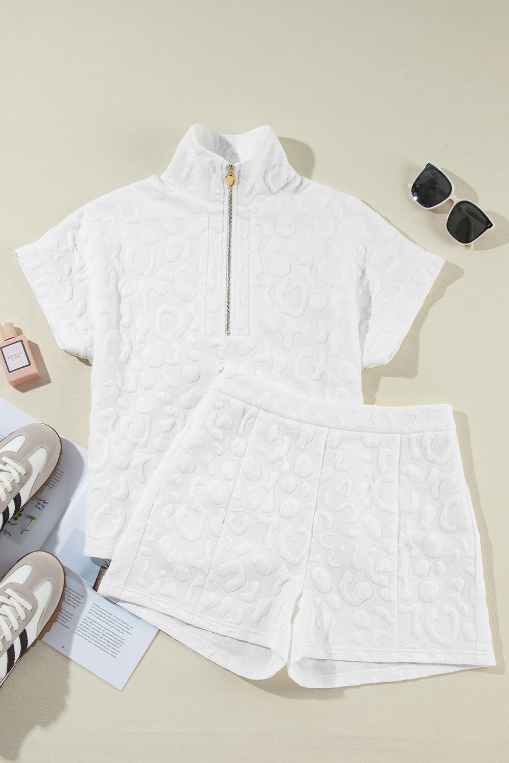 White Plain Leopard Jacquard Quarter-Zip Tee and Shorts Set