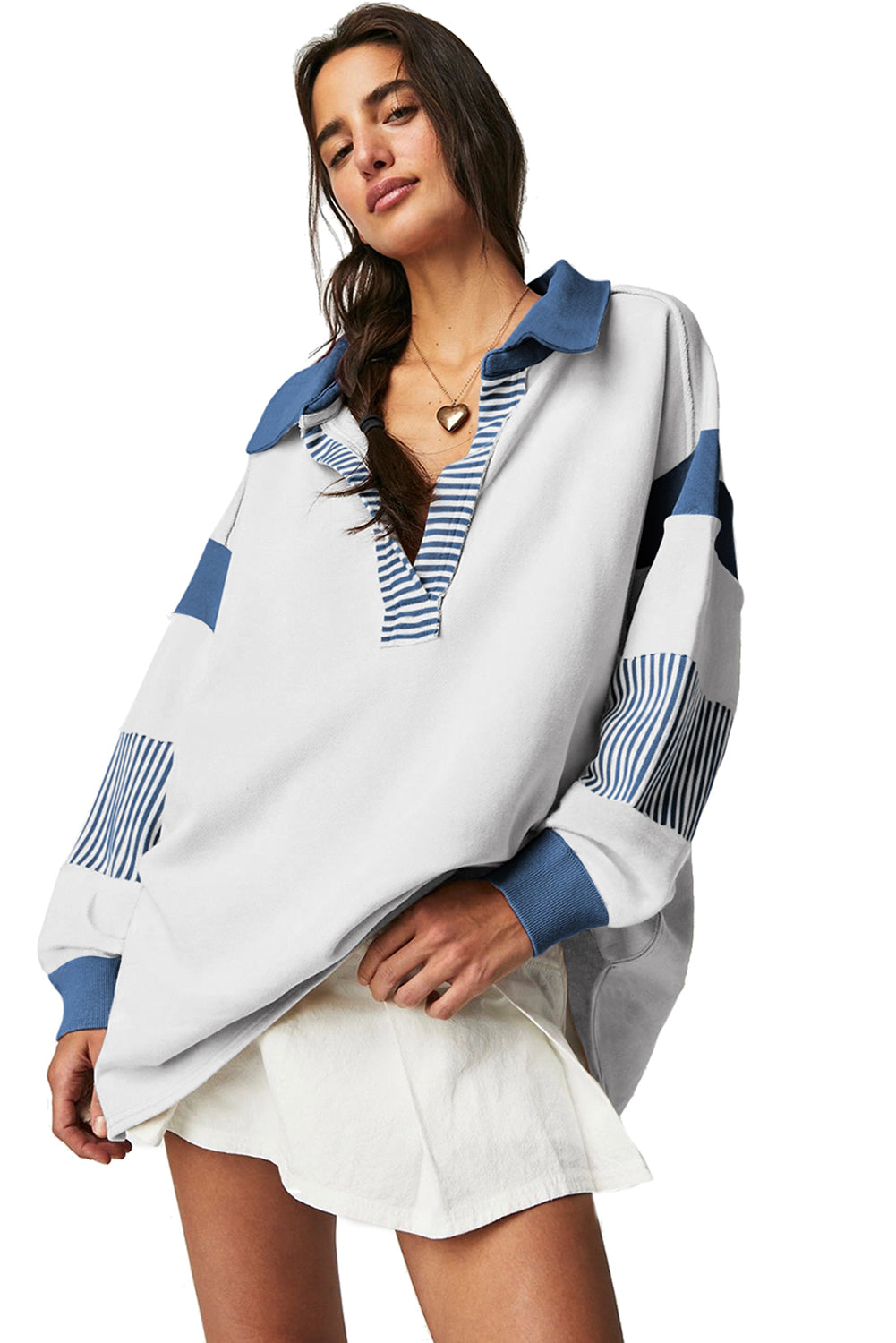 Sail Blue Striped Patchwork Collar Sweatshirt