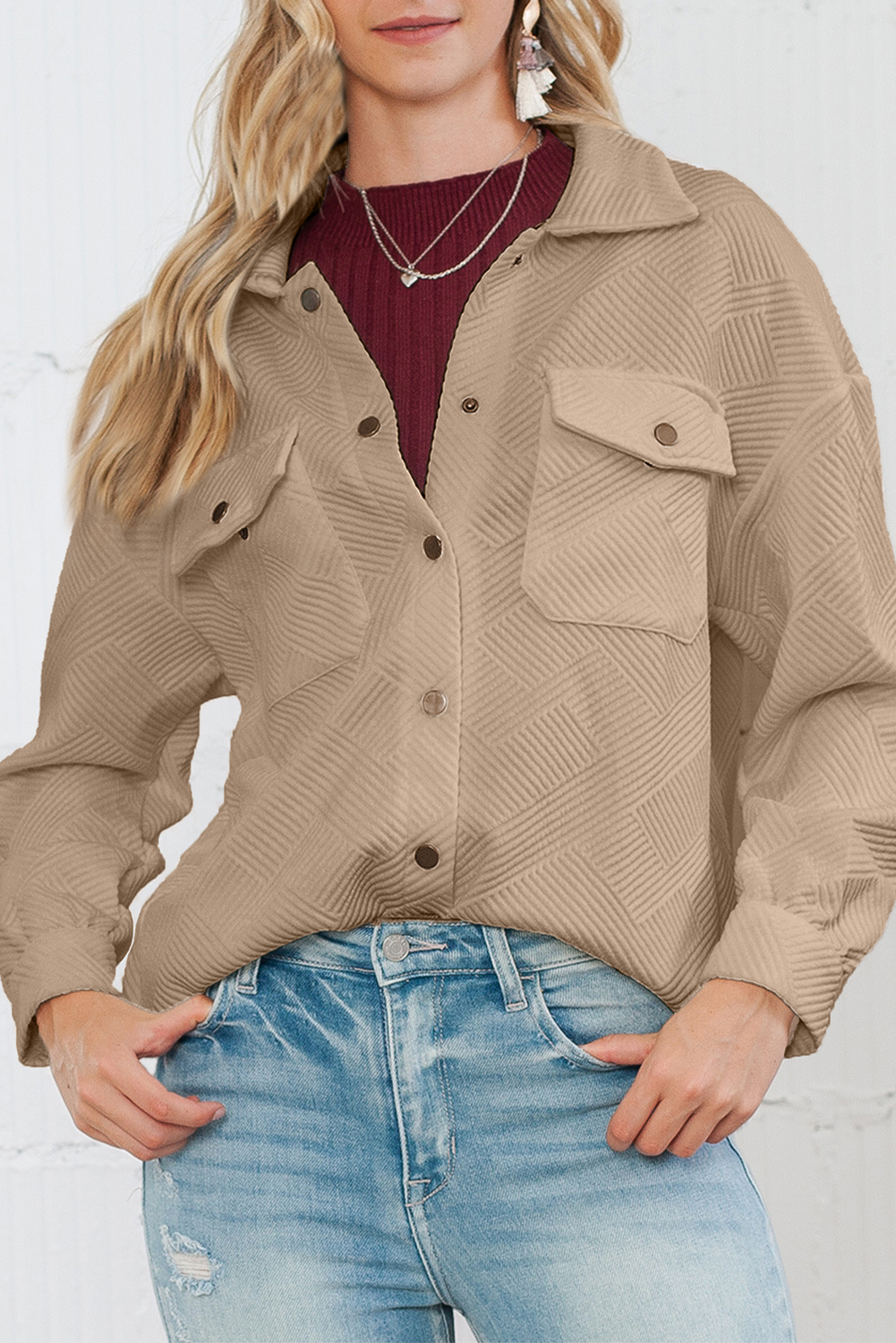 Khaki Solid Textured Flap Pocket Buttoned Shacket