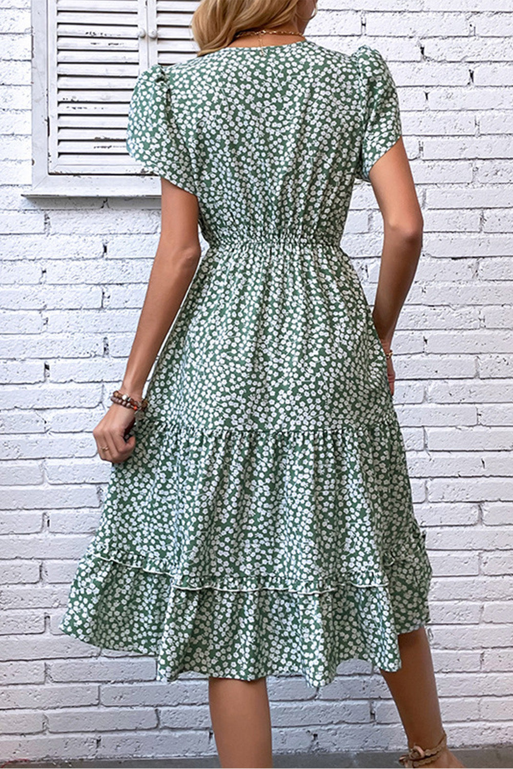 Green Ditsy Floral Print Tulip Sleeve Midi Dress