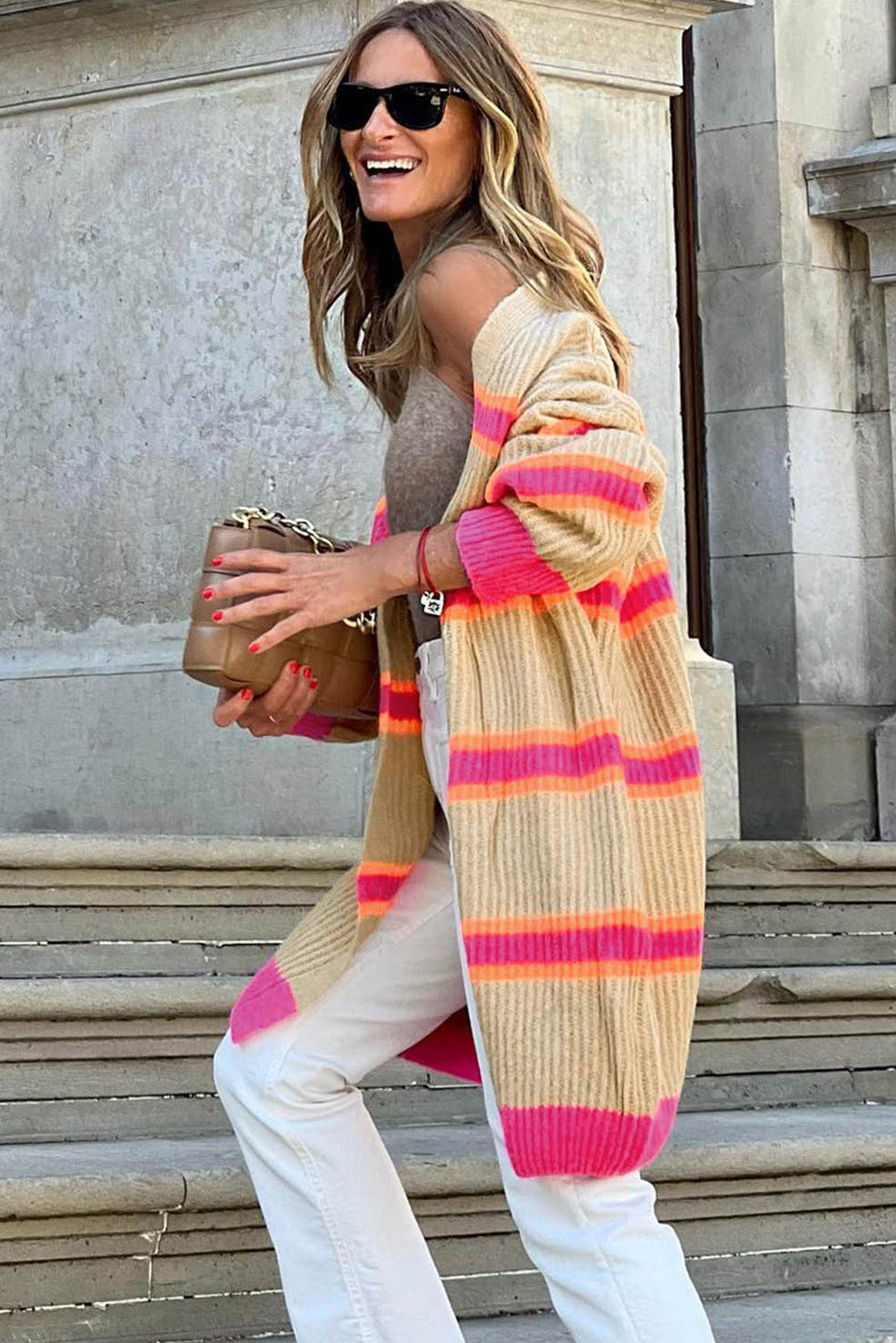 Grey Striped Colorblock Rib Knit Drop Sleeve Long Cardigan