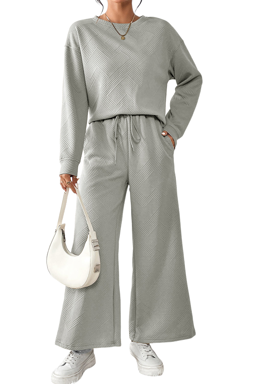 Dark Khaki Textured Loose Slouchy Long Sleeve Top and Pants Set