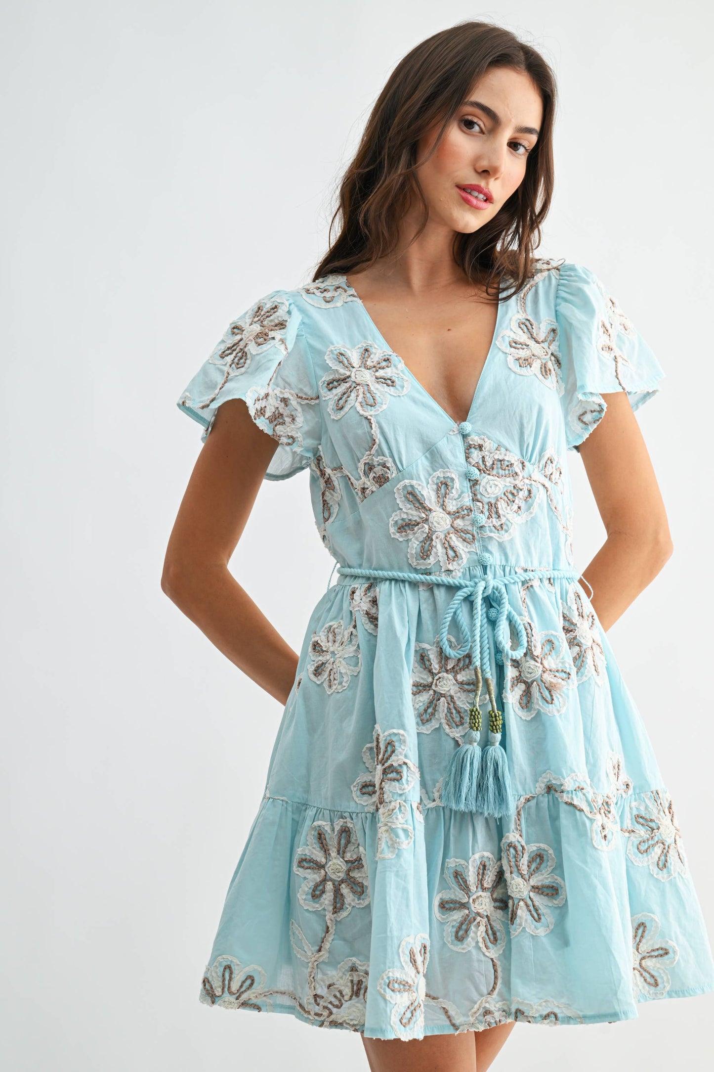 Embroidered Floral Short Sleeve Dress with Belt