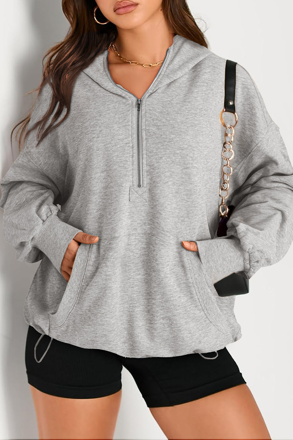 Parchment Kangaroo Pocket Half Zipper Oversized Hoodie