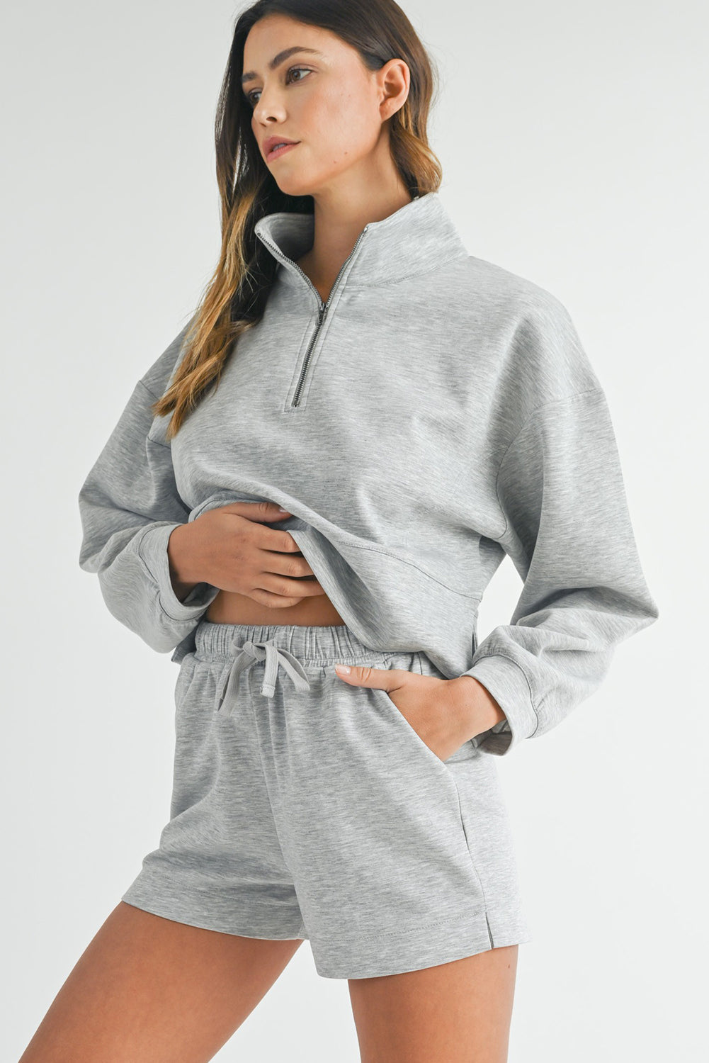 Light Grey Plain Quarter-Zip Pullover Top and Shorts Set