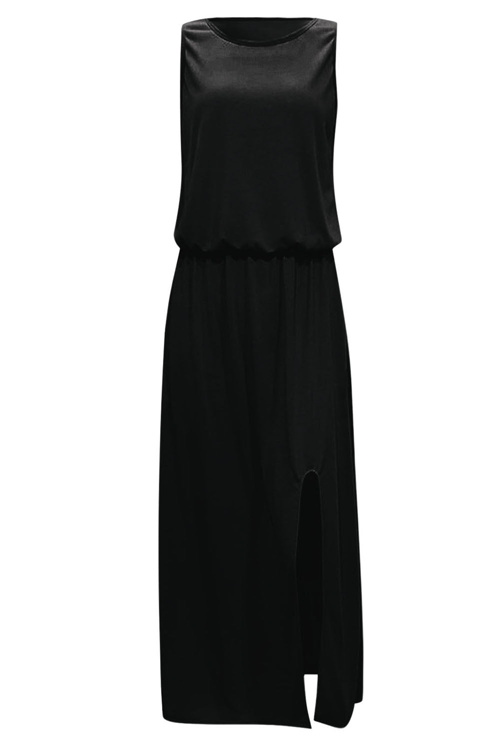 Black Solid Split Sleeveless Tunic Maxi Dress