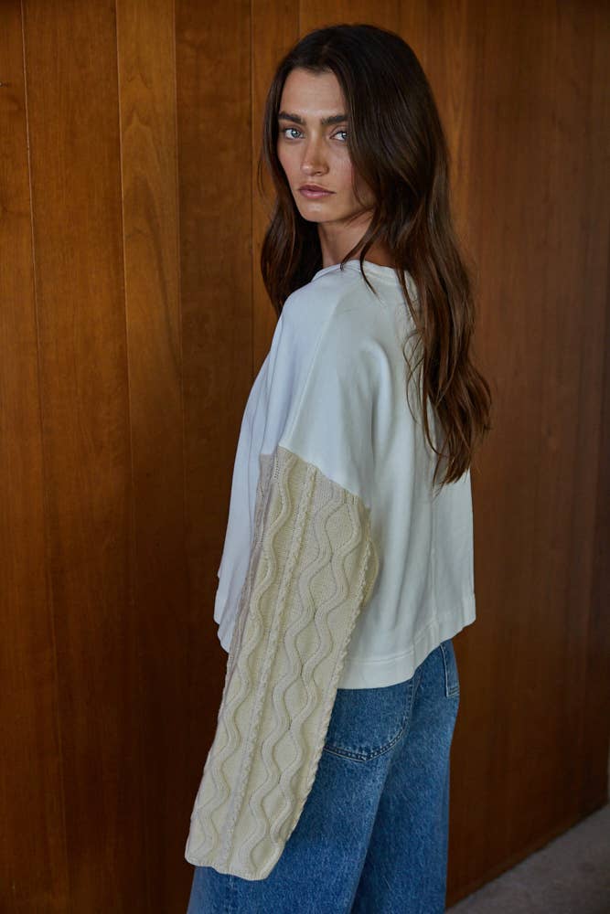 Knit Sweater Cotton Cable Knit Sleeve Pullover