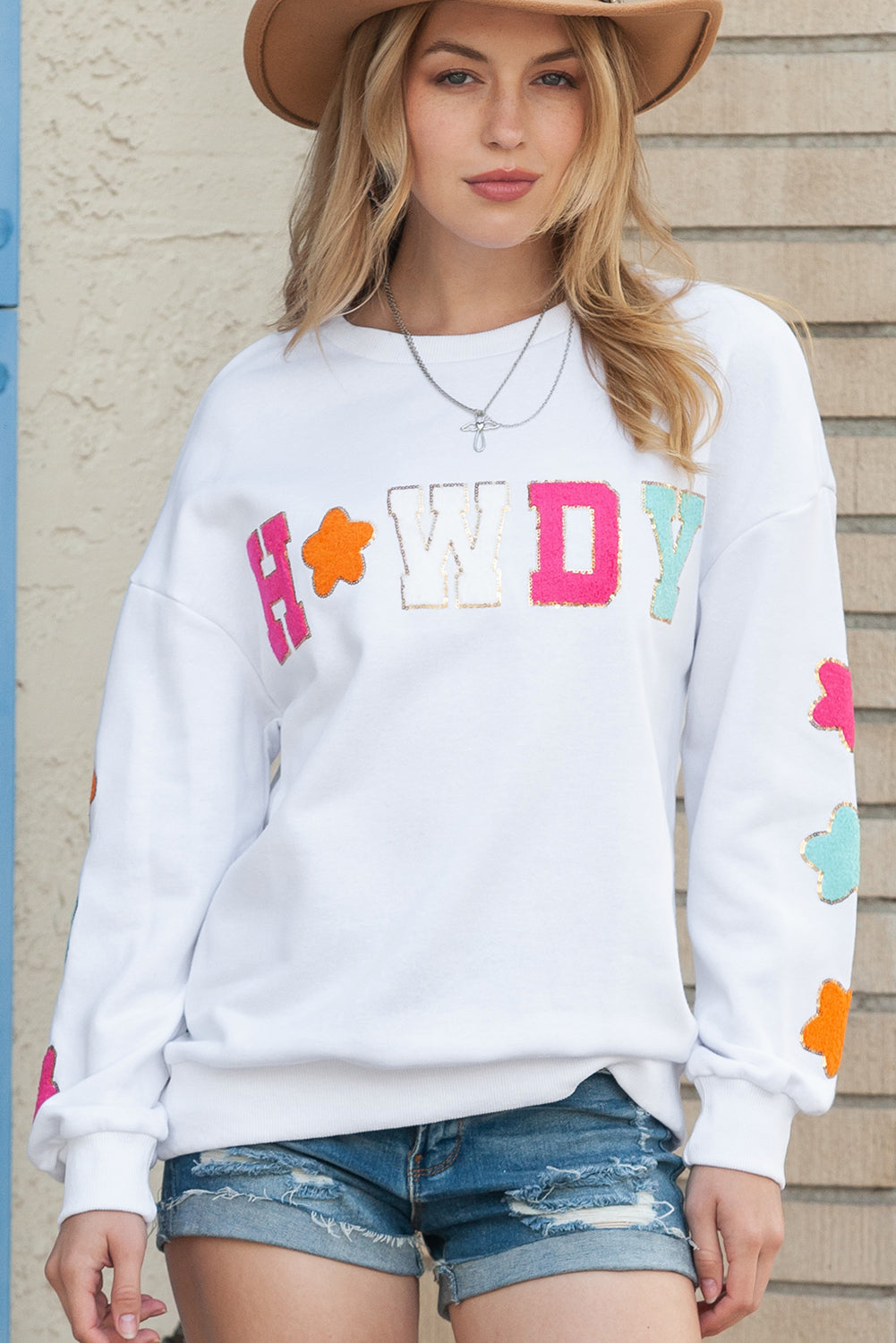 White Glitter Howdy Patch Casual Star Sweatshirt