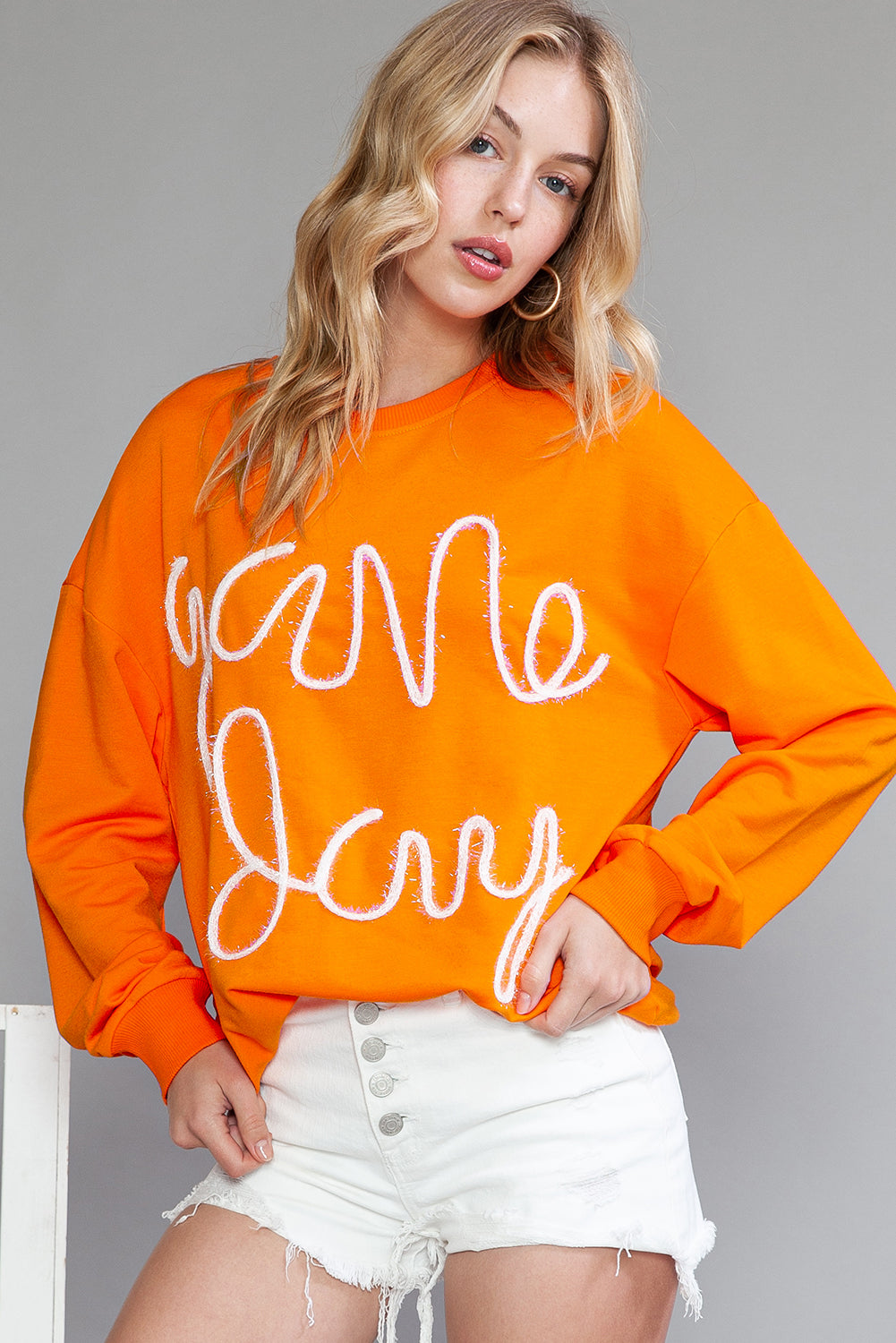 Orange Game Day Contrast Trim Long Sleeve Top