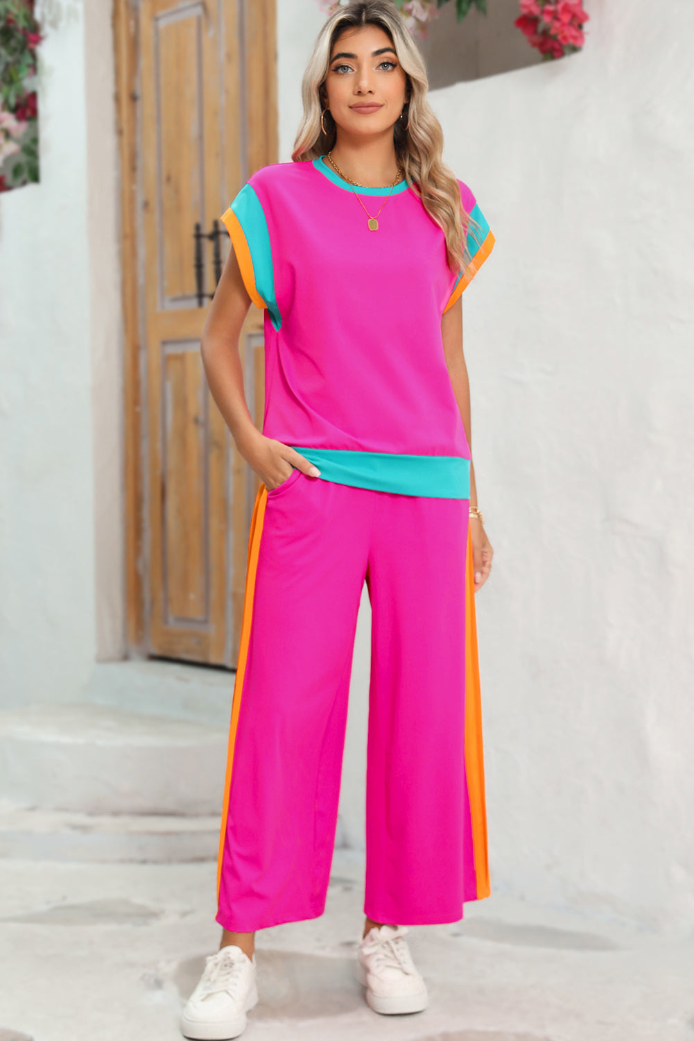 Strawberry Pink Colorblock Cap Sleeve Tee and Wide Leg Pants Set