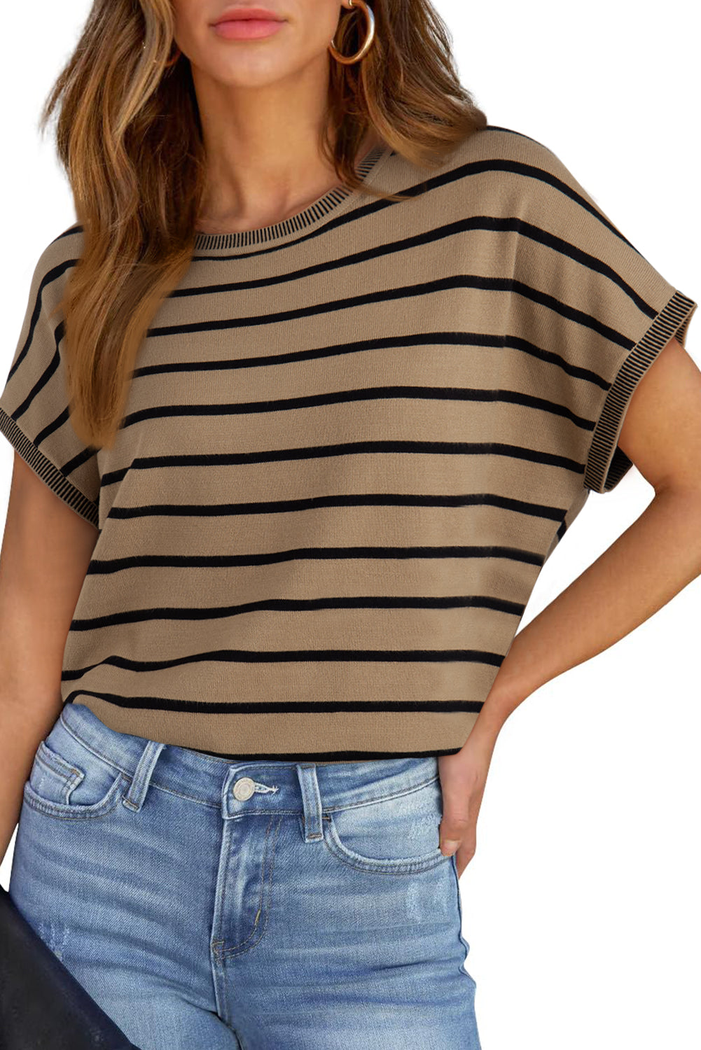 Khaki Stripe Knitted Dolman T Shirt