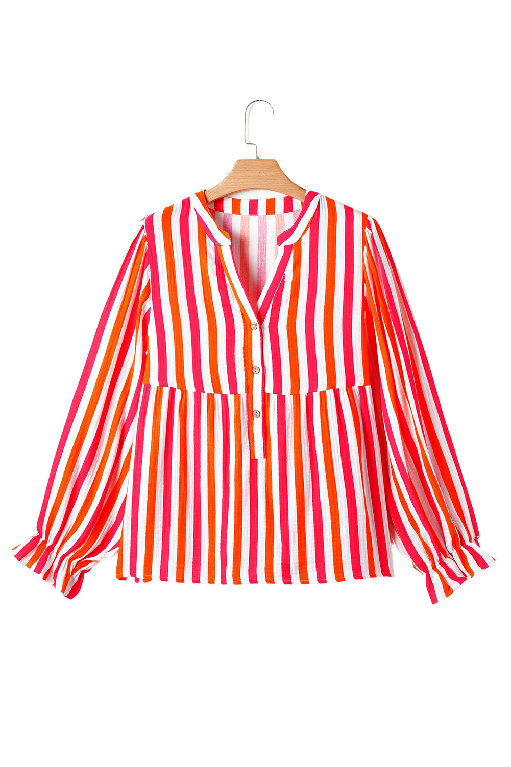 Orange Stripe Balloon Sleeve Notched V Neck Blouse