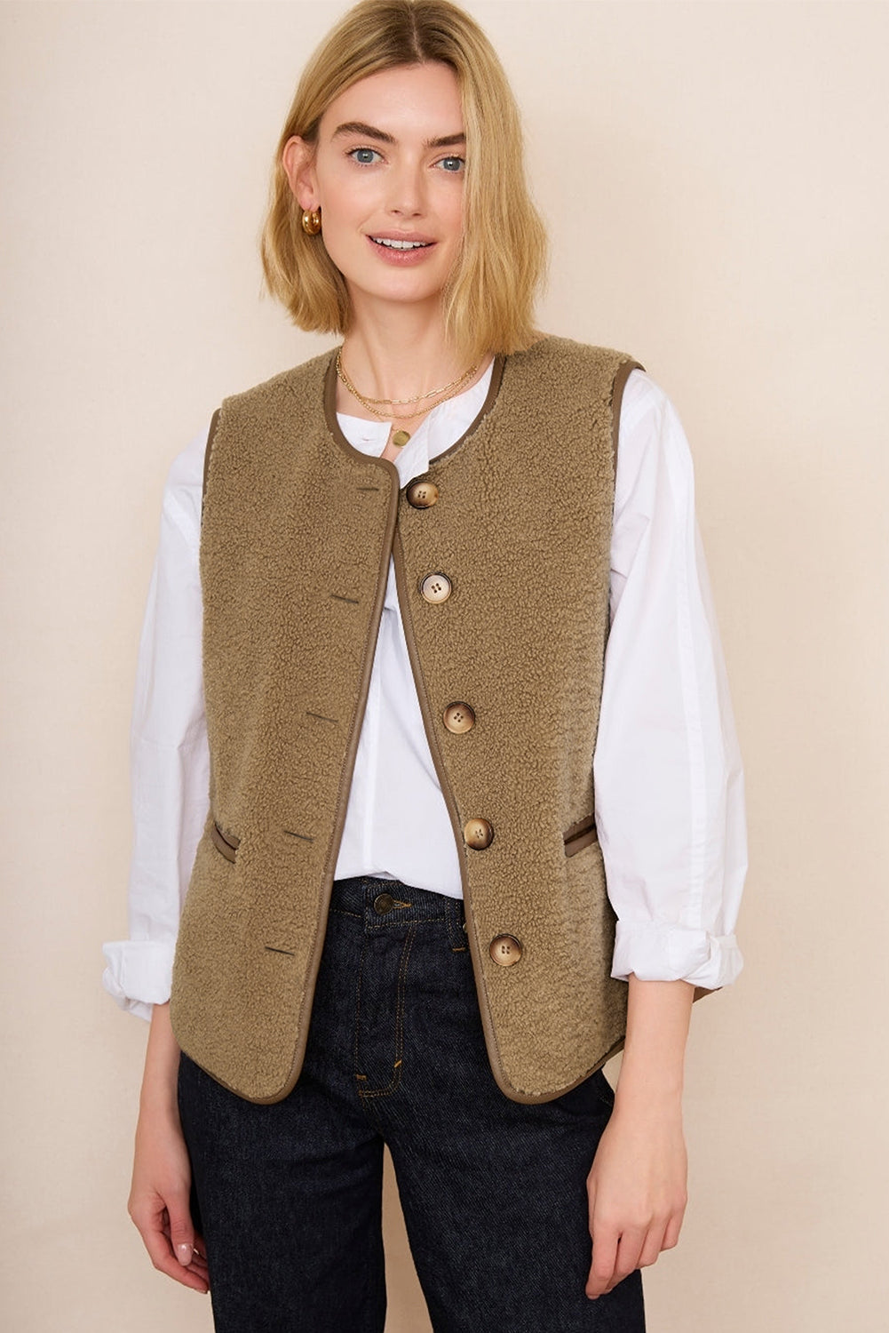 Camel Fleece Leather Patchwork Side Pockets Button Up Vest