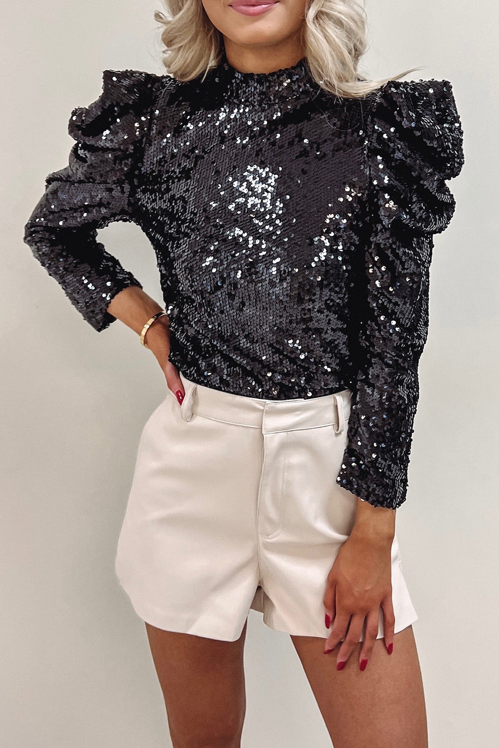 Black Sequin Mock Neck Ruched Puff Sleeve Top