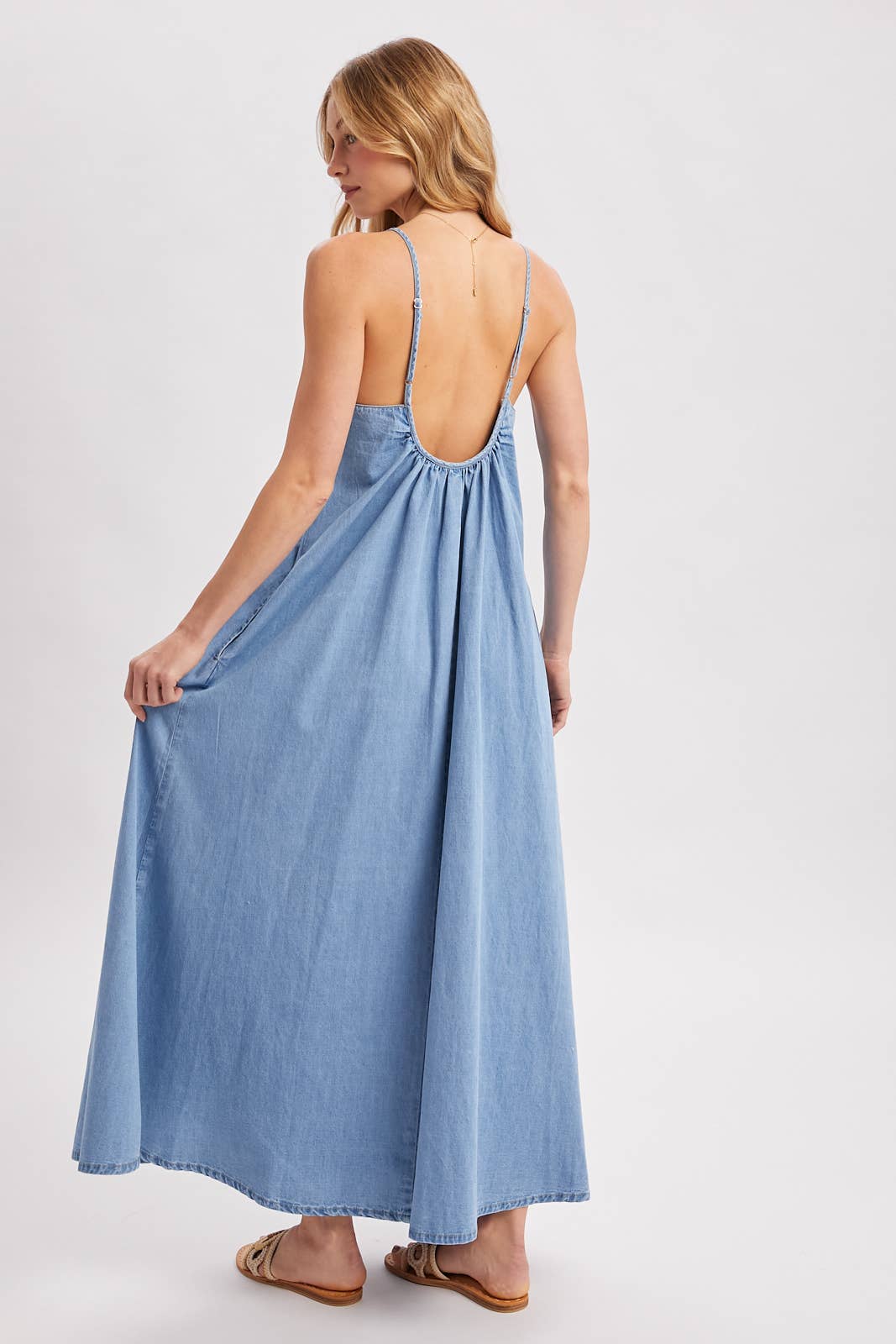 DENIM OPEN BACK SLEEVELESS MAXI DRESS