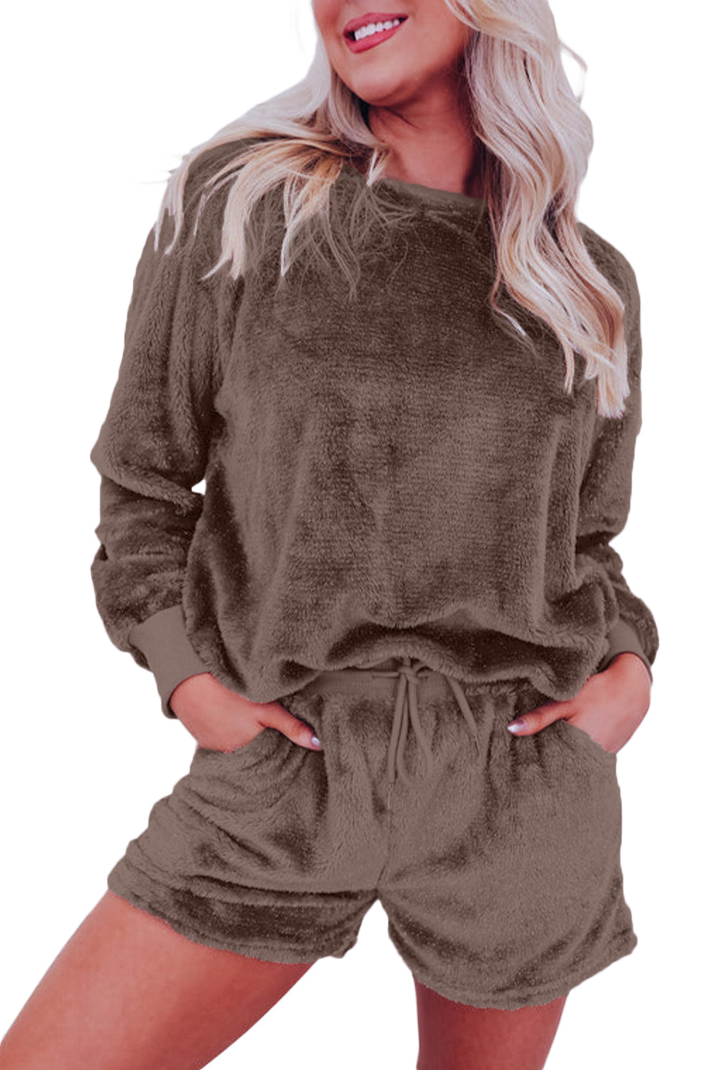 Coffee Solid Loose Fit High Waist Fleece Loungewear Set