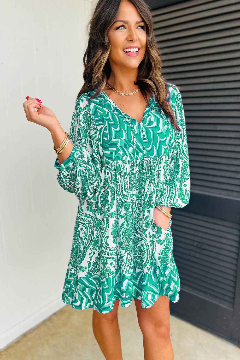 Green Bohemian Print Lantern Sleeve V Neck Flared Mini Dress