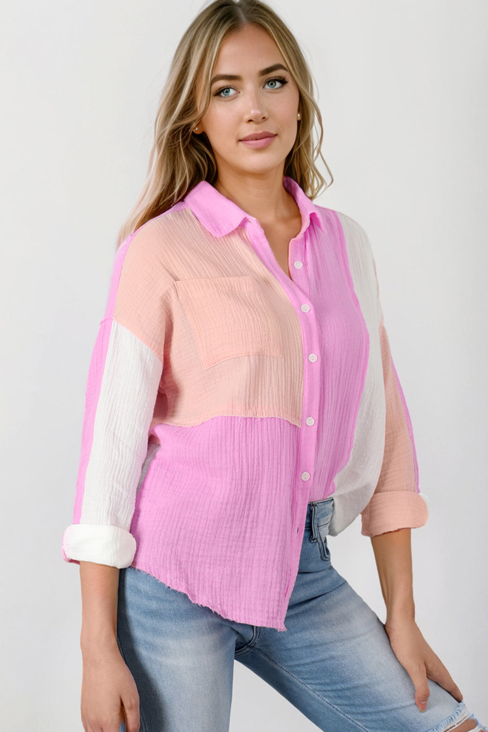 Rose Color Block Buttoned Raw Hem Textured Shirt