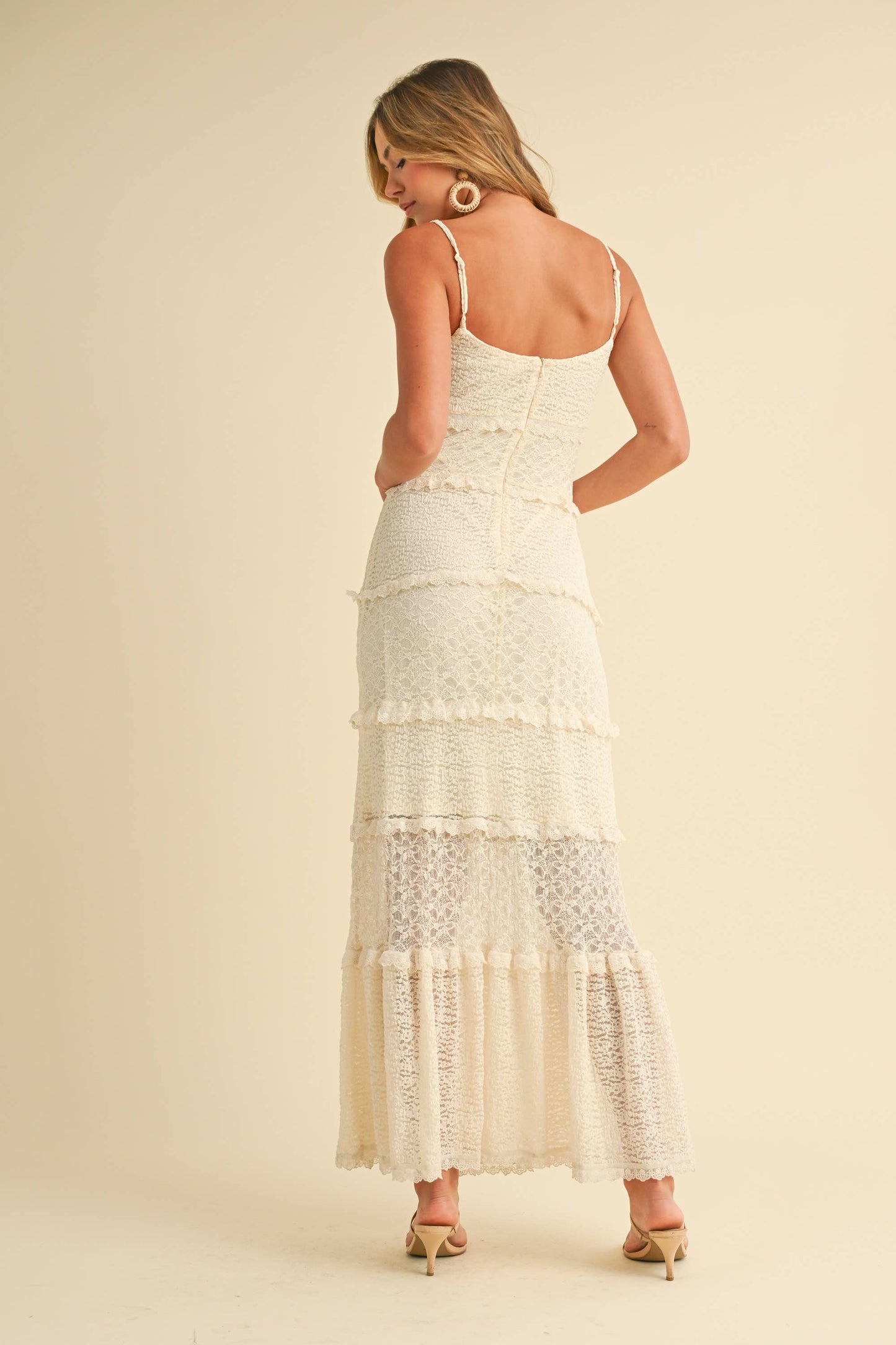 ID8566  TIERED RUFFLED LACE MAXI DRESS WITH PARTIAL LINING
