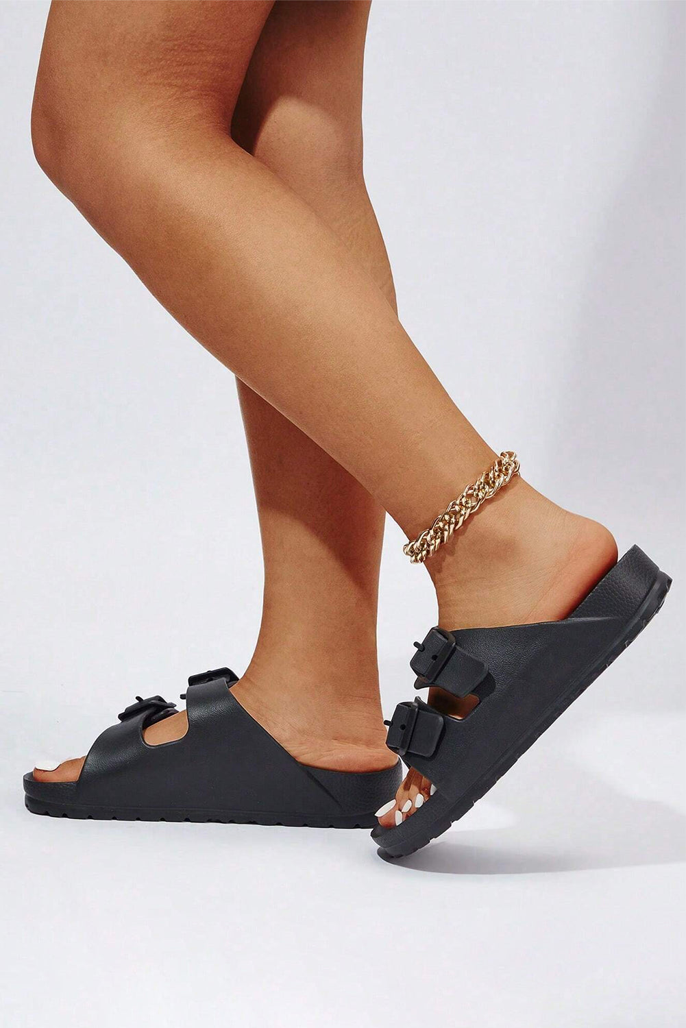 Black Solid Color Buckle Straps Beach Slippers