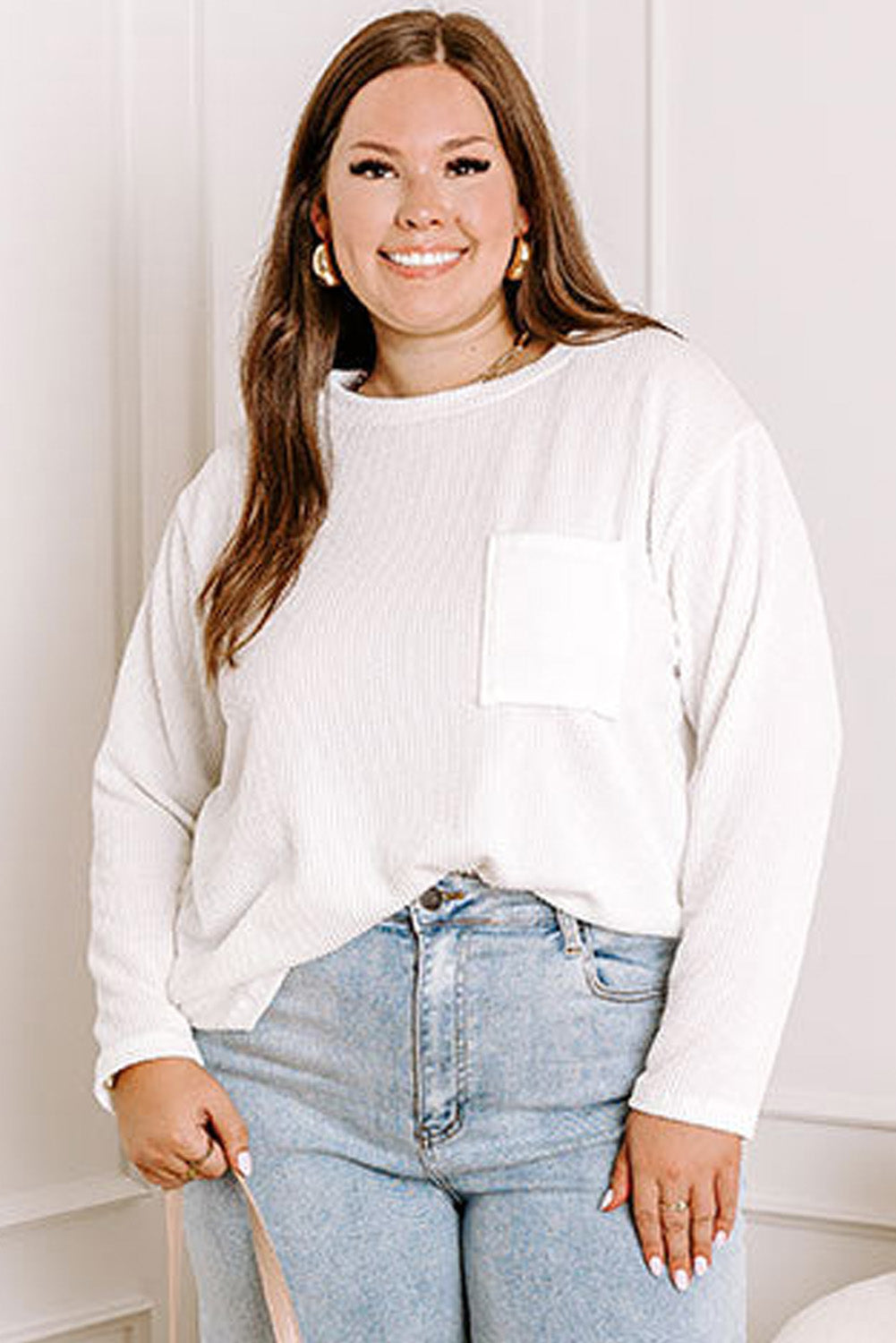 White Plus Size Ribbed Textured Pocketed Long Sleeve Top