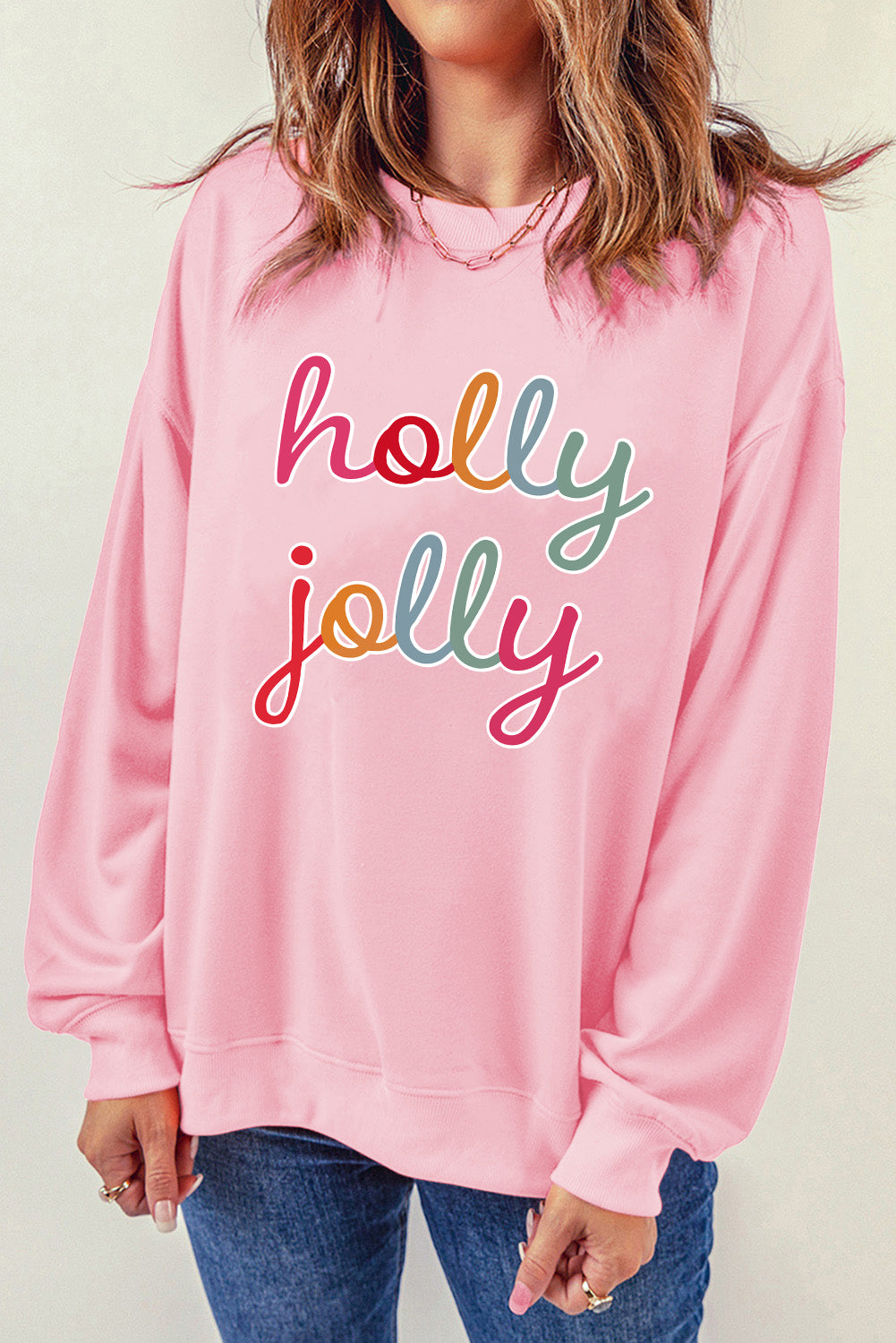 Pink holly jolly Printed Round Neck Sweatshirt