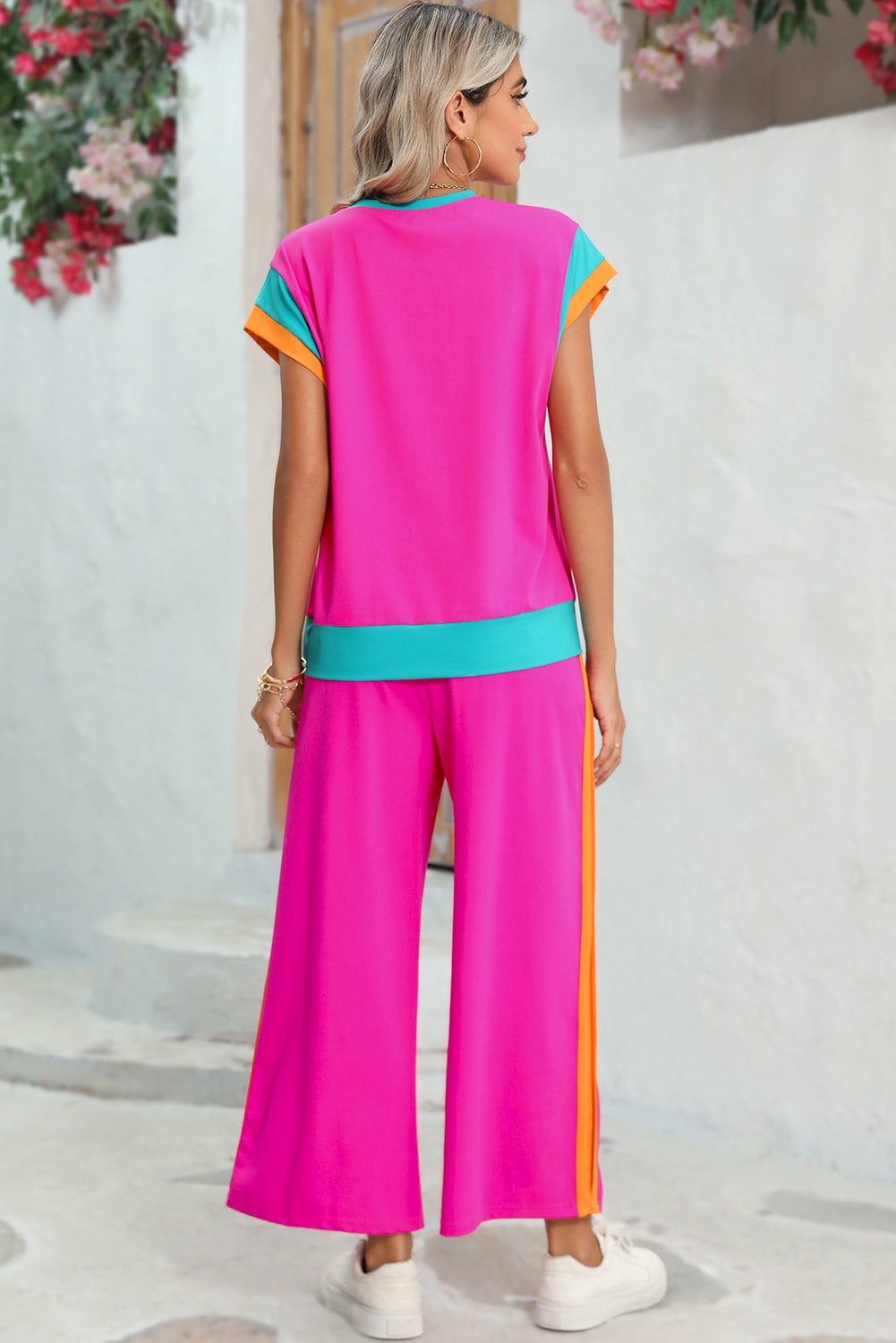 Strawberry Pink Colorblock Cap Sleeve Tee and Wide Leg Pants Set