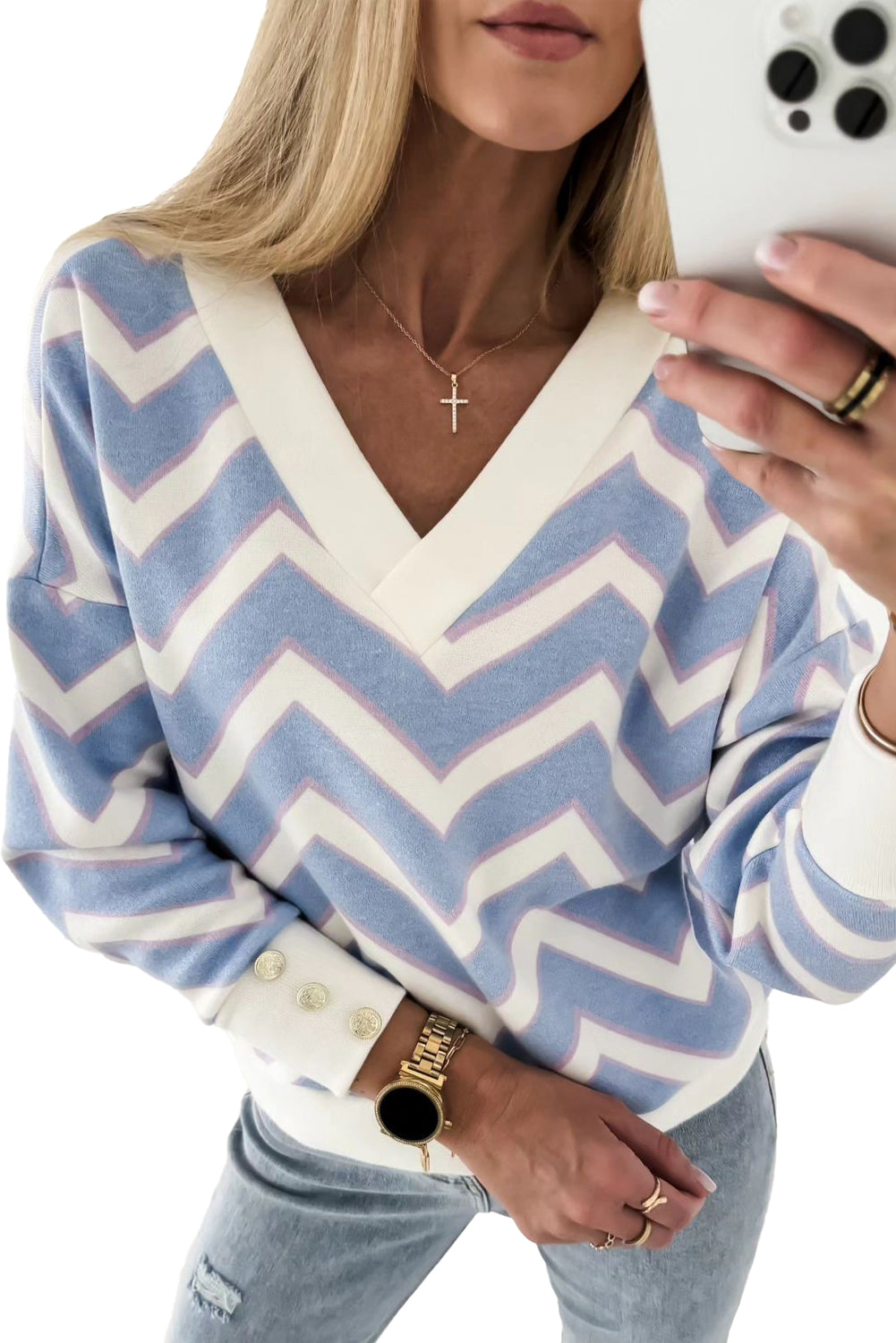 Sky Blue Zigzag Striped Print V Neck Sweater