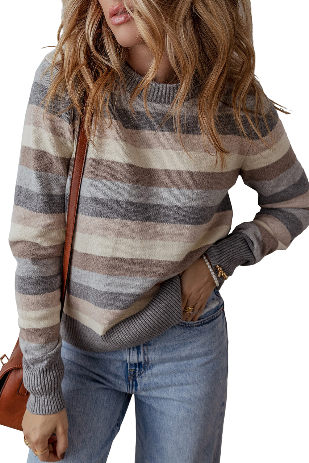 Gray Striped Ribbed Edge Round Neck Sweater