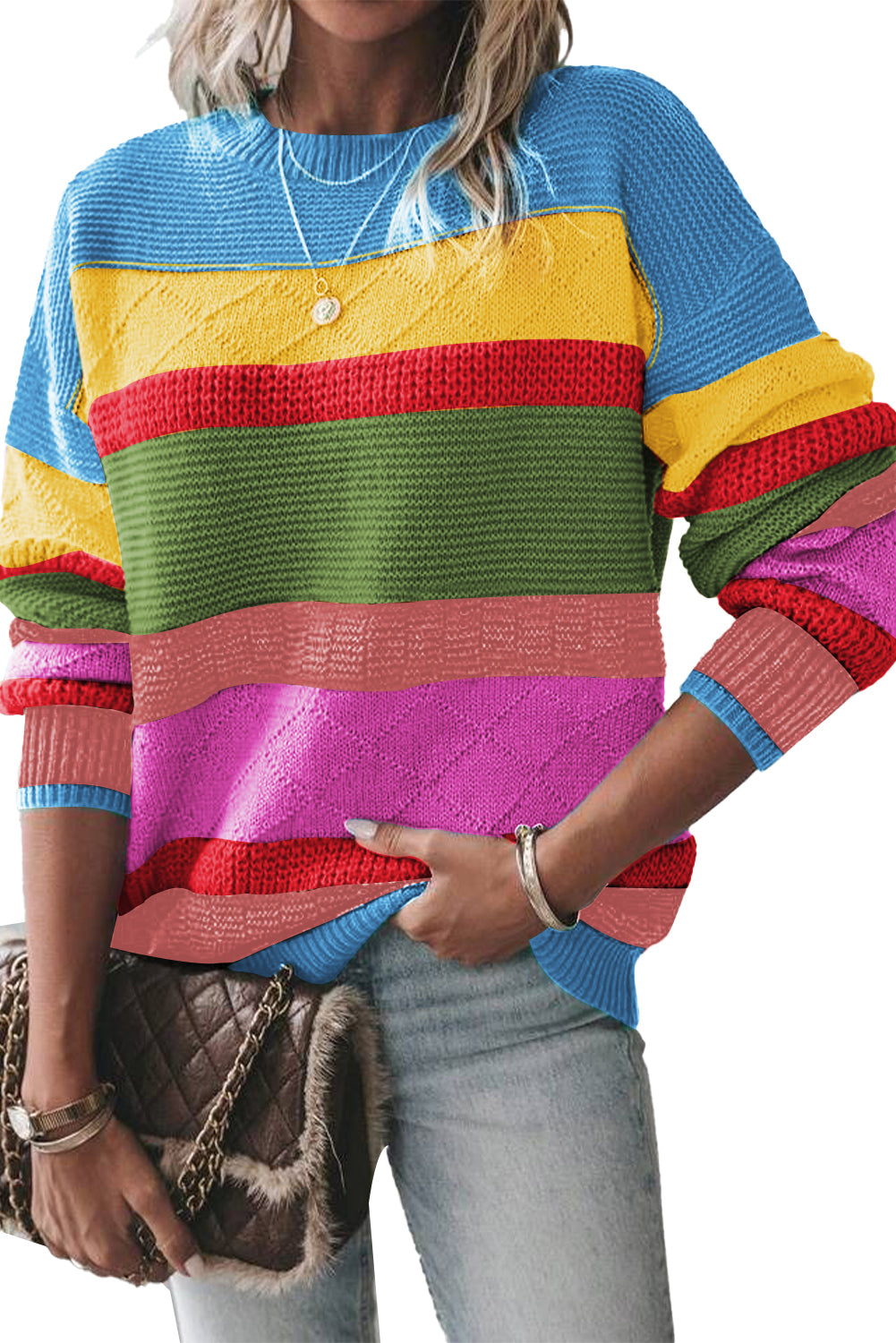 Yellow Colorblock Drop Shoulder Crew Neck Sweater