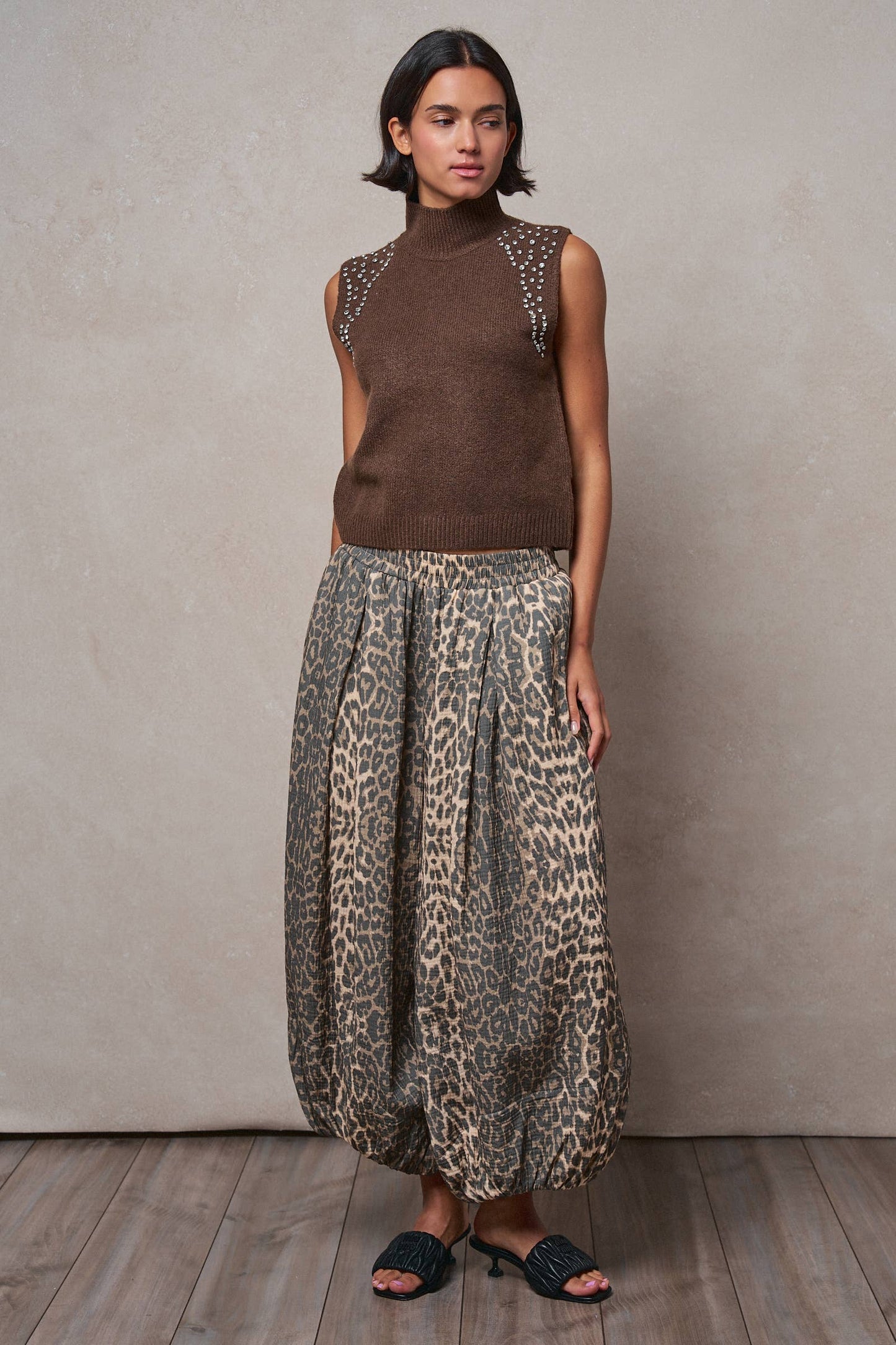 Crystal Embellished Sleeveless Mock Neck Knit Top
