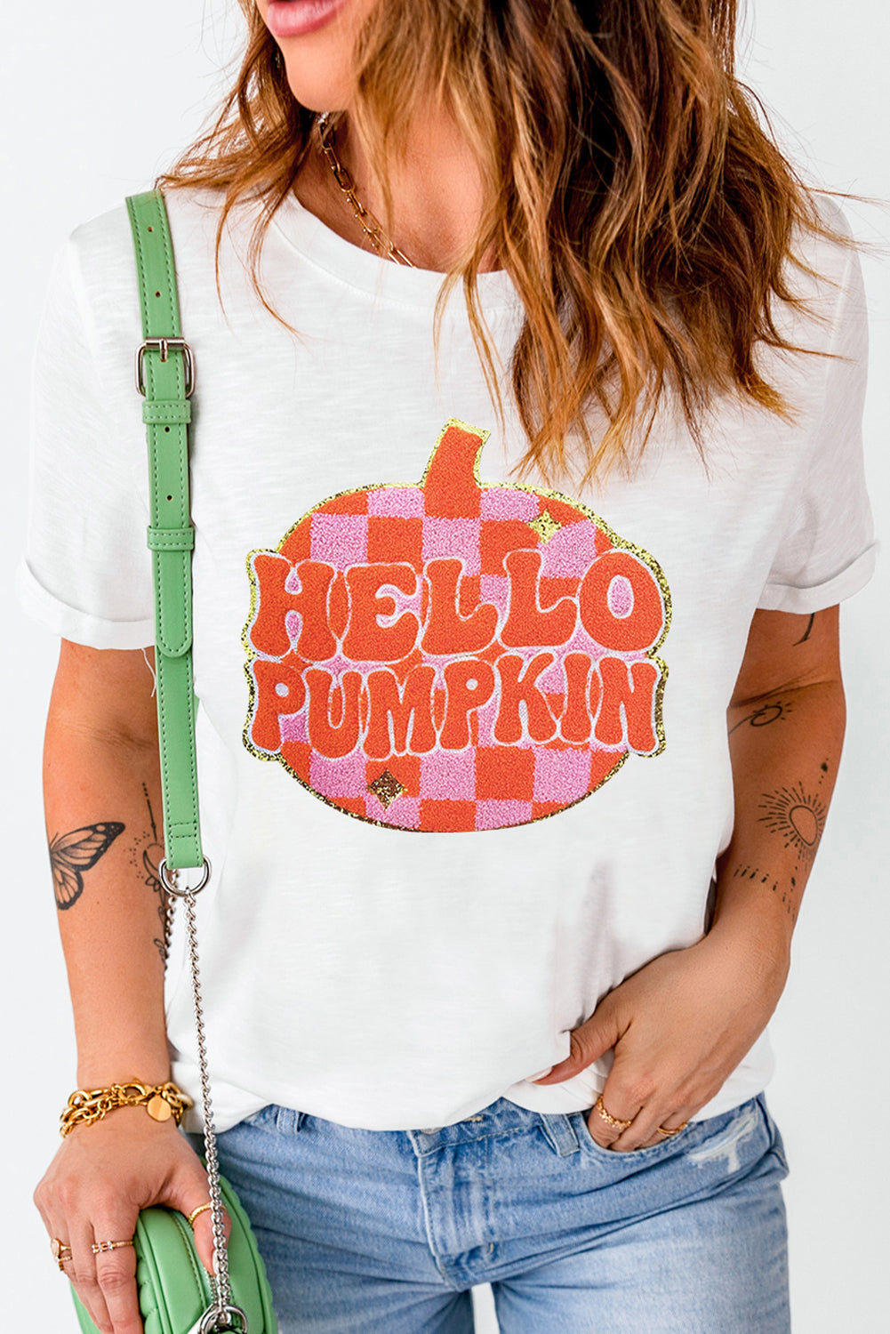 White Chenille Checkerboard Hello Pumpkin Patched Pattern Thanksgiving T Shirt