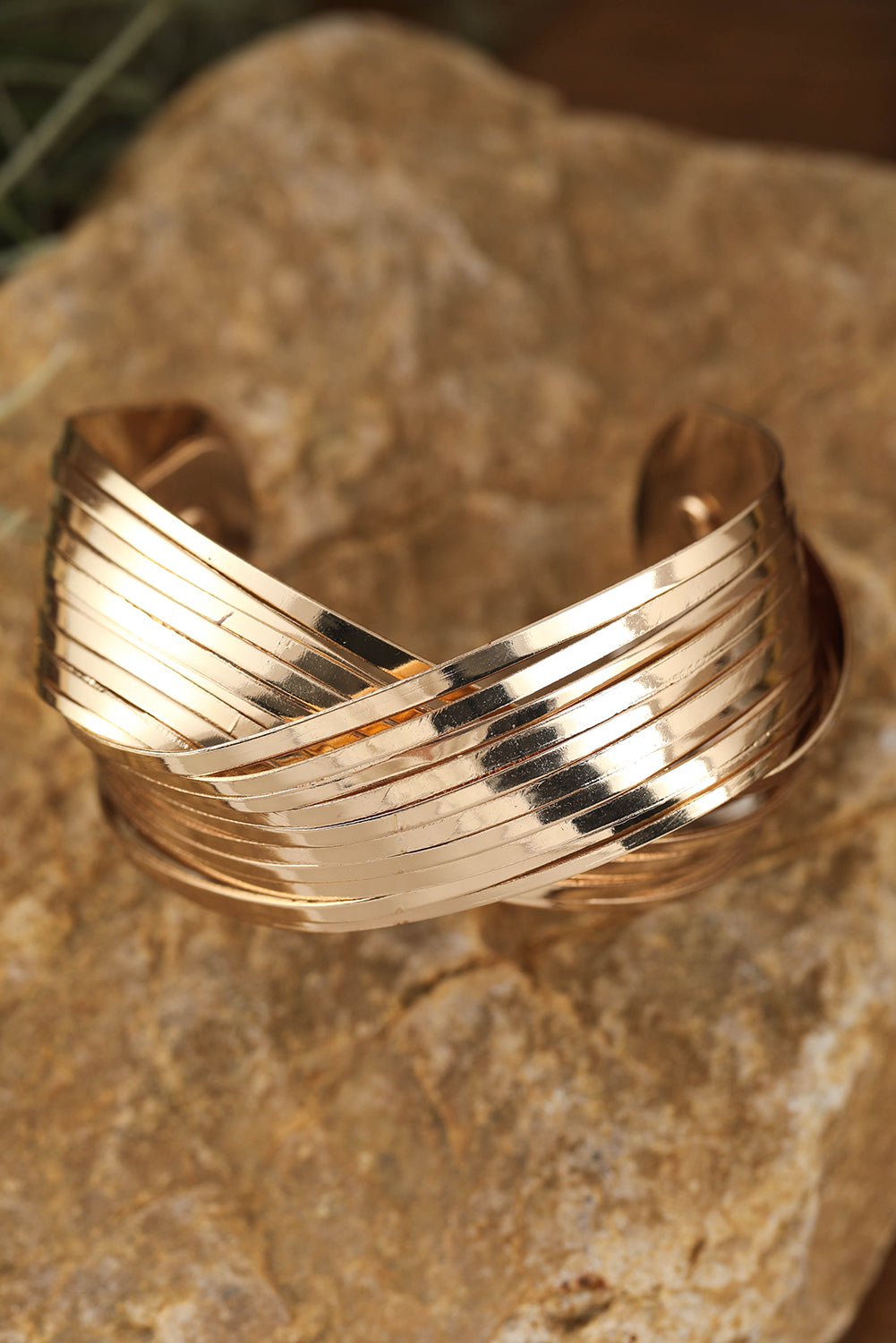 Gold Textured Crossover Metal Cuff Wide Bracelet