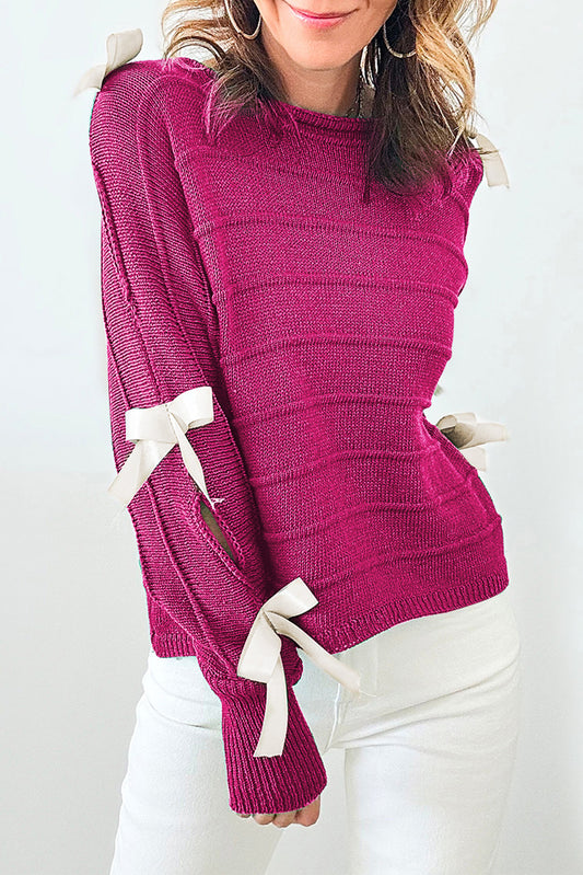 Rose Red Bow Knot Cut Out Round Neck Loose Sweater