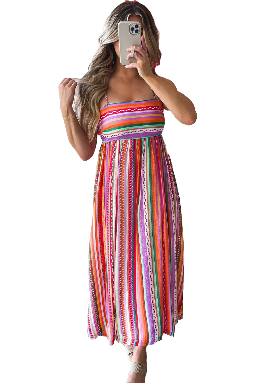 Multicolour Boho Striped Spaghetti Strap Smocked Back Maxi Dress