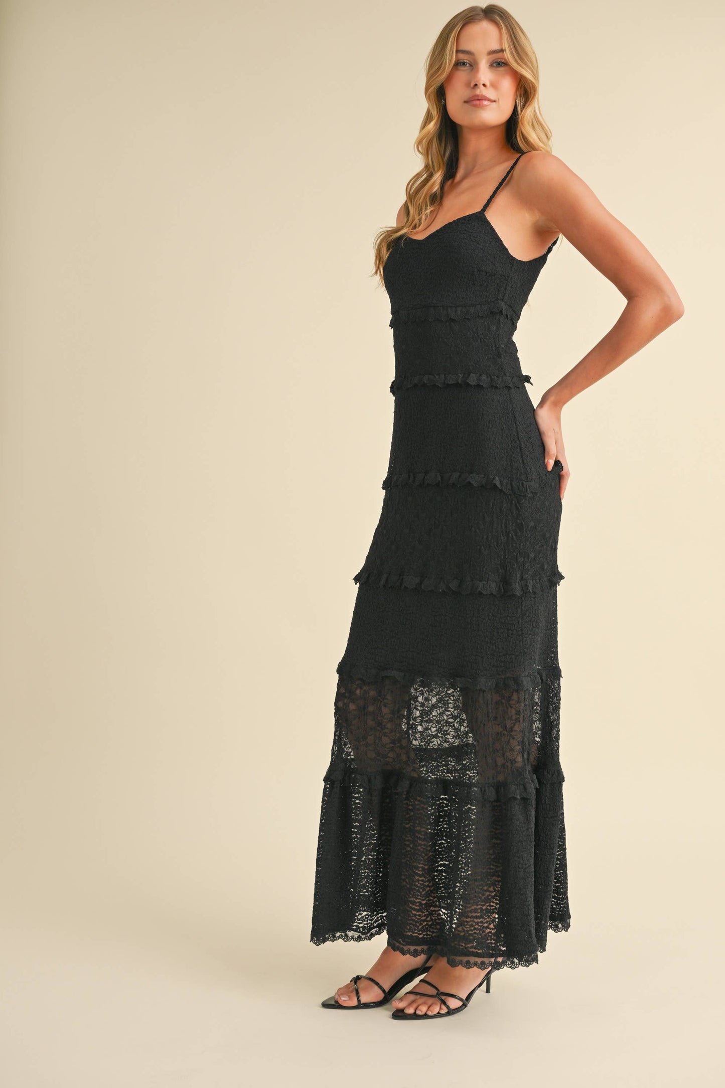 ID8566  TIERED RUFFLED LACE MAXI DRESS WITH PARTIAL LINING